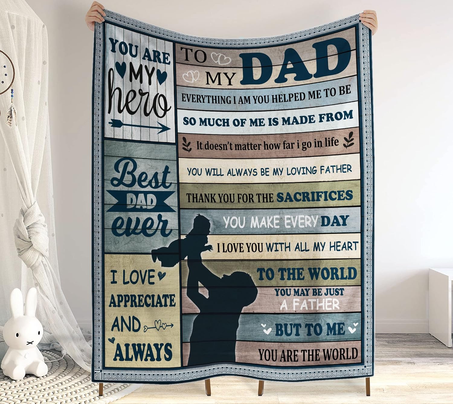 To My Dad Blanket, Customized Throw Blanket, Personalized Quilt, Gift From Kids, Birthday Gift Idea, Father And Son On Wood Background Quilt, Birthday Gift From Family Members, Gift Idea For Christmas