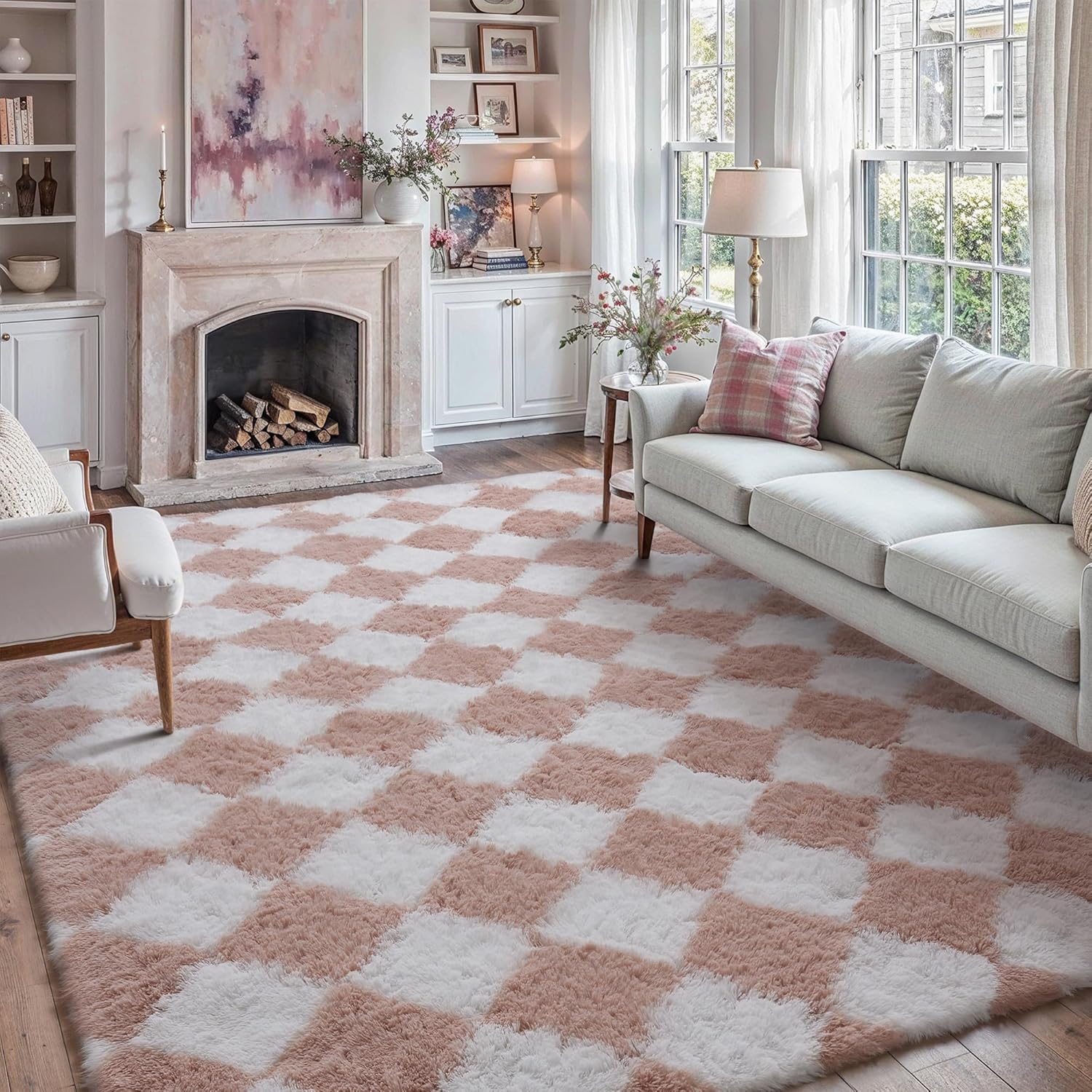 8x10 Checkered Rug for Living Room Pink and White Soft Fluffy Shag Area Rug Bedroom Cute Plush High Pile Non Slip Fuzzy Carpet for Aesthetic Home Decor