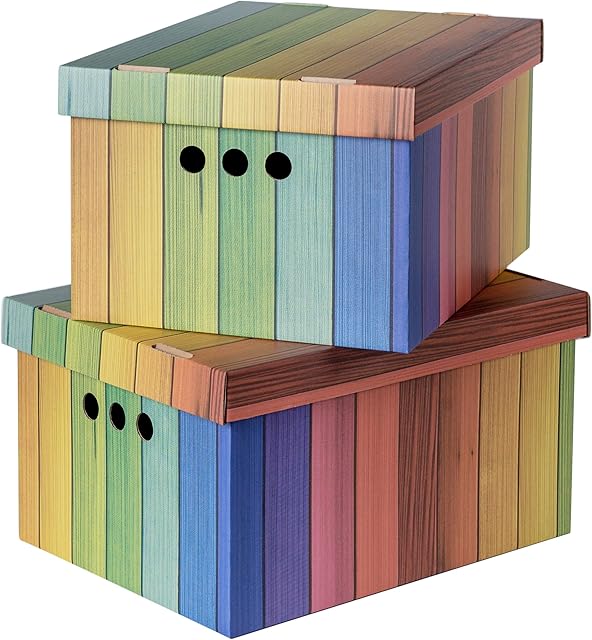 Pack of 2 Decorative Storage Boxes With Lids Home Office Bedroom Wardrobe Box Organiser Archive Box with Lid Multi-Use General Storage Archive Box with Lid Stylish Set Large Rainbow