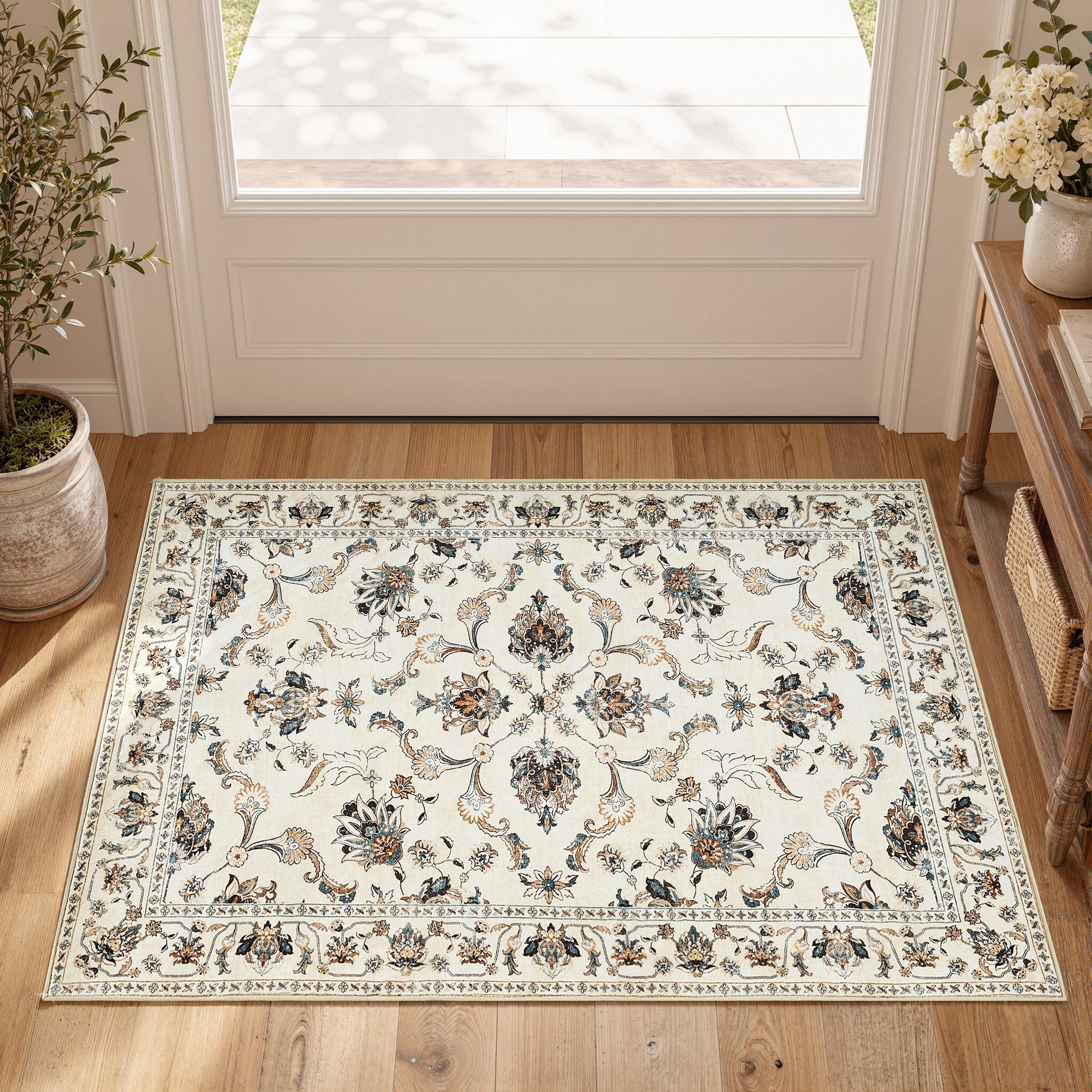 jinchan 2x3 Traditional Floral Entryway Rug, Washable Rug, Oatmeal Slate | Vintage Distressed Design, Soft Low Pile Surface, Non Slip, Easy Care, Easy Crease Release, Kitchen Sink Bathroom Bedroom