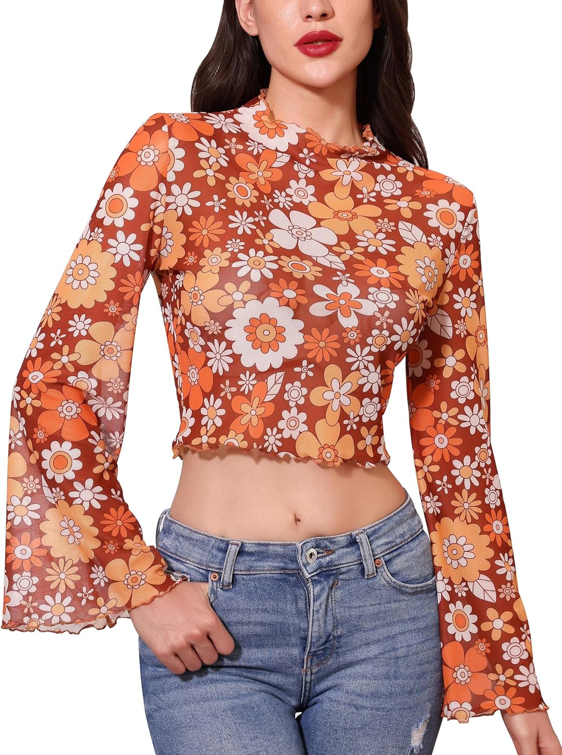 ABAFIP Women's Floral Bell Sleeve Crop Top Ruffle Mock Neck Flowy Flare Sleeve 70s Hippie Sheer Mesh Shirts