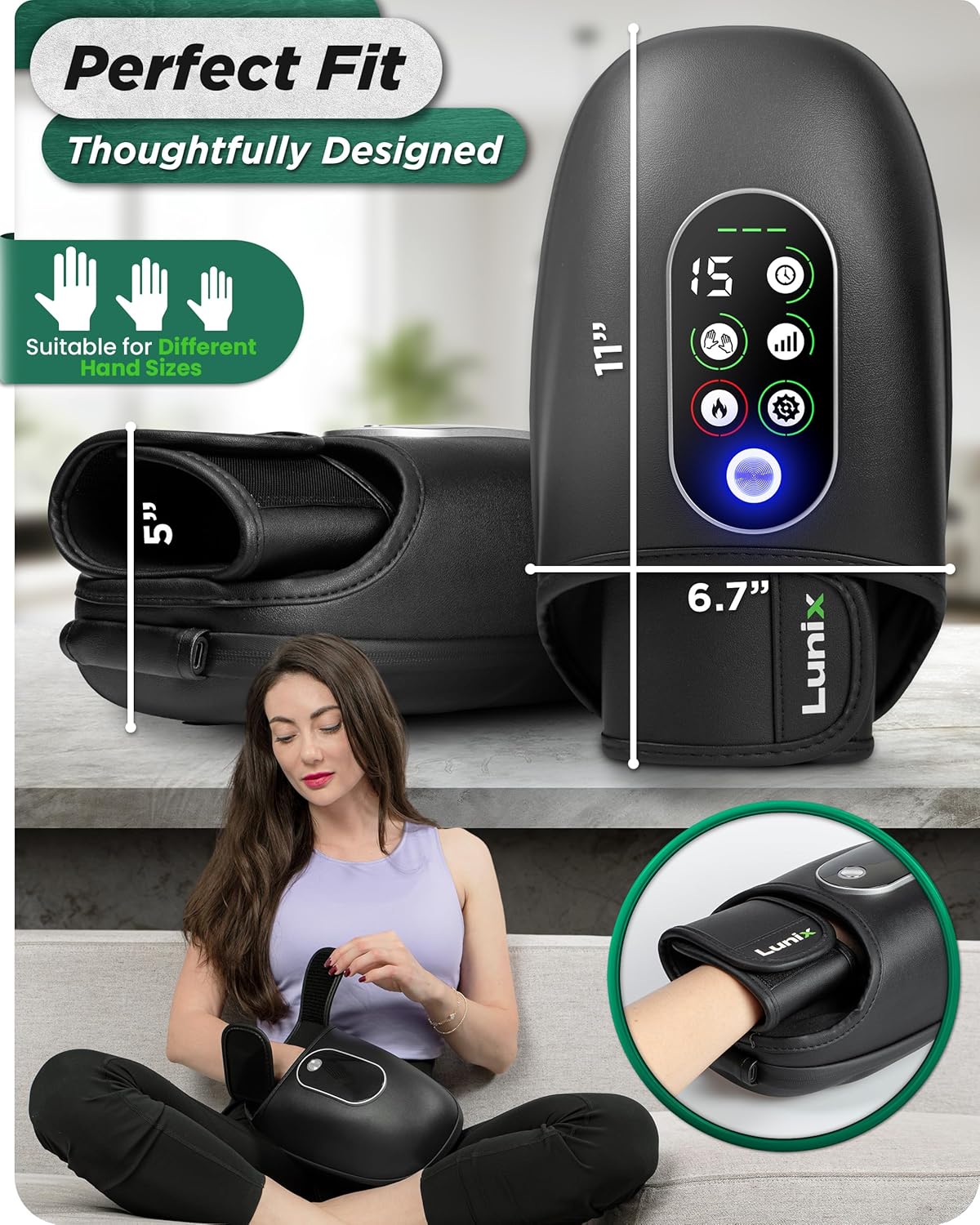 Lunix LX31 FSA Rolling Hand Massager, Heat + Compression + Kneading, Smart Memory, Cordless Rechargeable, Charcoal Black