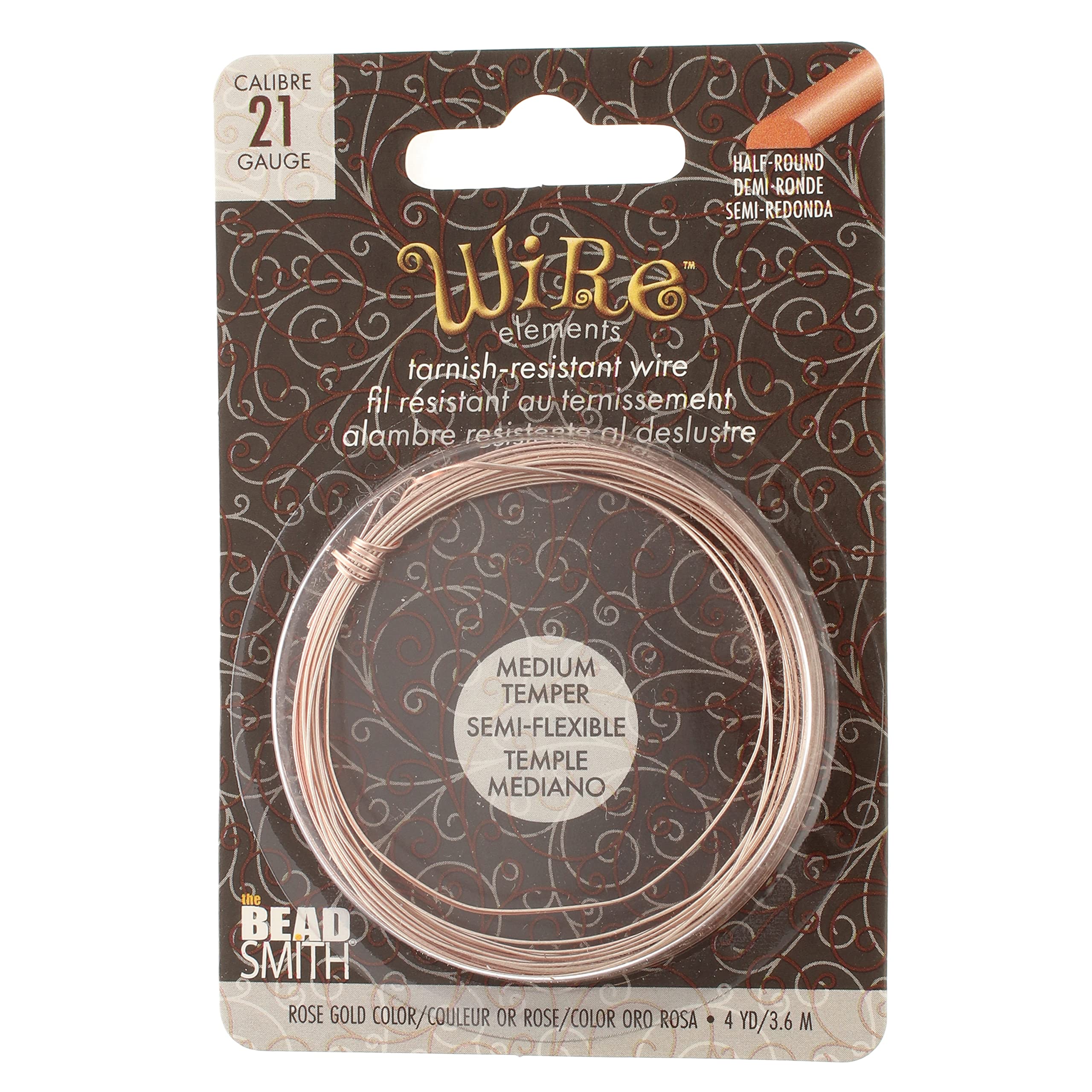 The Beadsmith Half-Round Craft Wire - Medium Temper Beading Wire, Rose Gold Color, 21 Gauge, 4 Yards