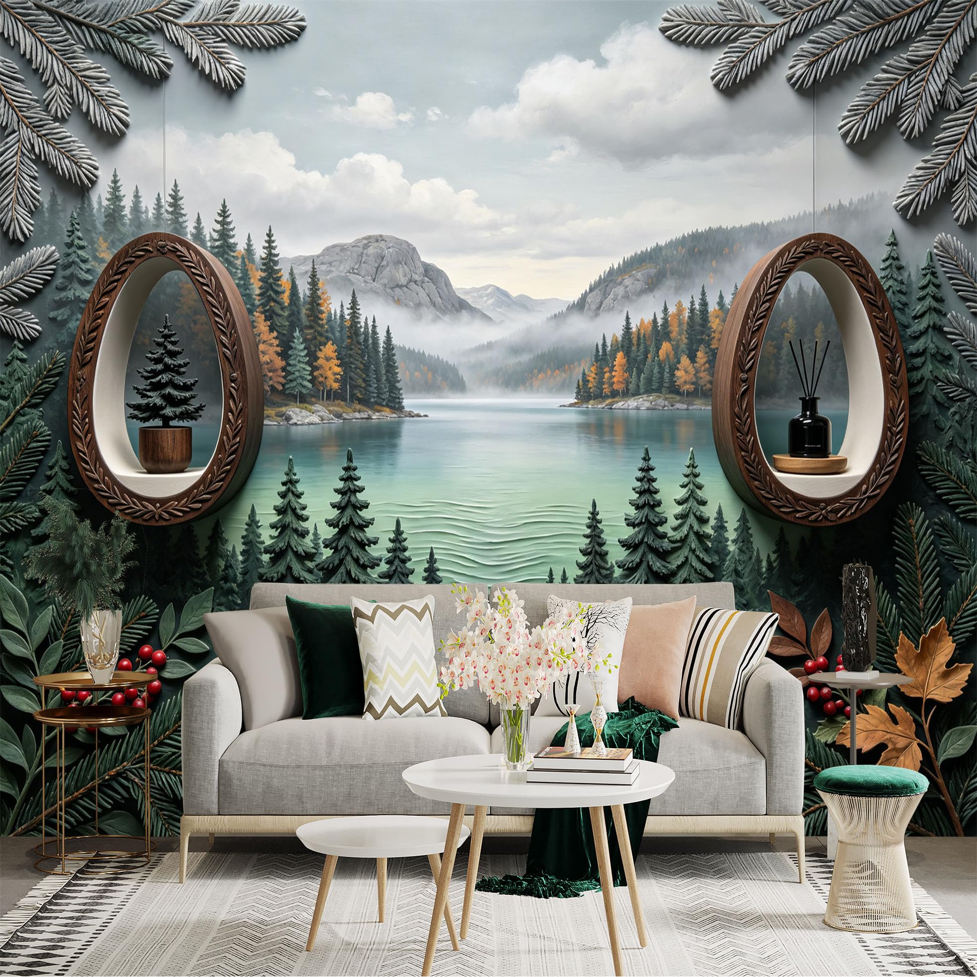 Lnzczhyre Bh260719405 Custom Size Wall Sticker Mural， Scenic Lakeside Forest View， Mountain Landscape， Botanical Frame Decor， For Wall Decoration， Peelandstick Wall Decals.