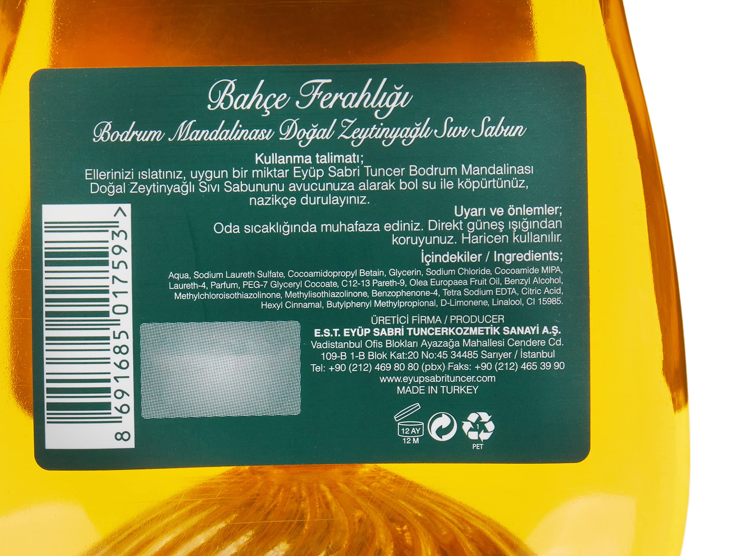 Eyüp Sabri Tuncer Doğal Zeytinyağlı Sıvı Sabun, Bodrum Mandalinası, 1,5 L Pet Şişe (1 x 1500 ml) (3 paketi)