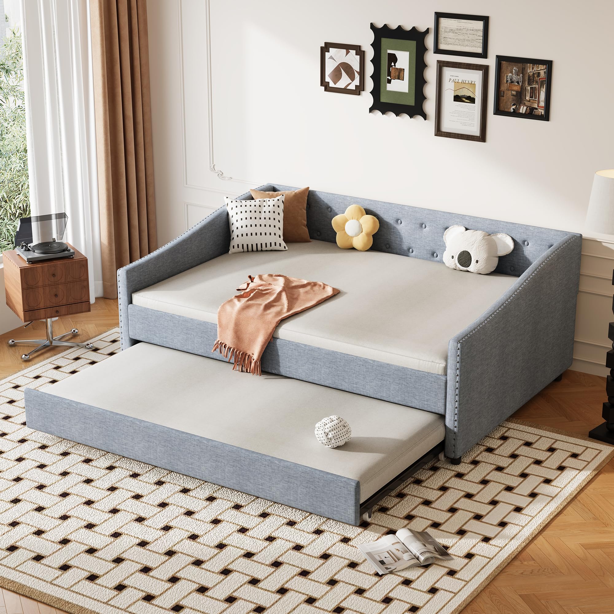 Full Size Upholstered Daybed with Trundle,Tufted Day Bed w/Button on Back and Piping on Waved Shape Arms for Bedroom Guest Room, No Box Spring Needed,Light Grey