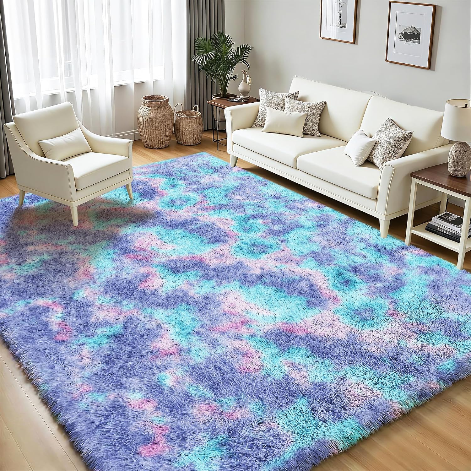 Rainbow Fluffy Rugs for Girls Bedroom: 4x6 Large Shag High Pile Area Rug Upgrade Non-Slip Plush Fuzzy Living Room Rug Shaggy Soft Indoor Floor Carpet Nursery Rugs for Kids Baby Toddler Home Decor thumbnail