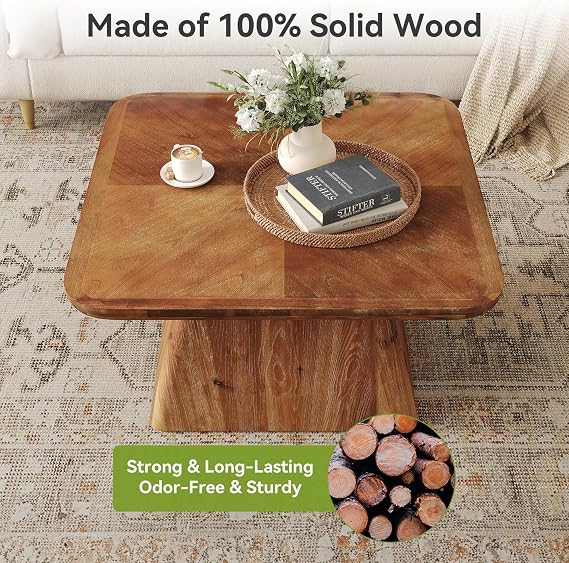 Tribesigns Solid Wood Coffee Table, 80 cm Coffee Table for Living Room, Classic Living Room Center Tables, Brown Modern Design Home Furniture