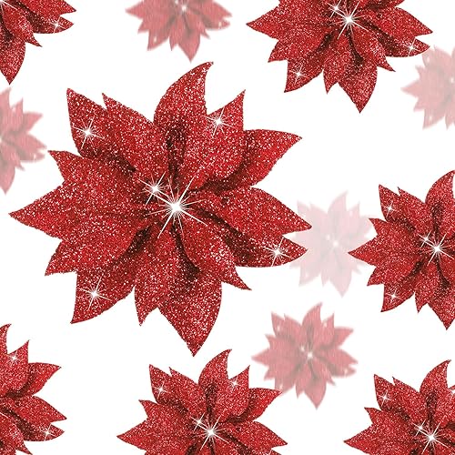 Chunyin 24 Piezas Flores de Pascua Artificiales de Navidad, 6" 4" 3" Adornos de Flor de Pascua con Purpurina con Clip para Árbol de Navidad