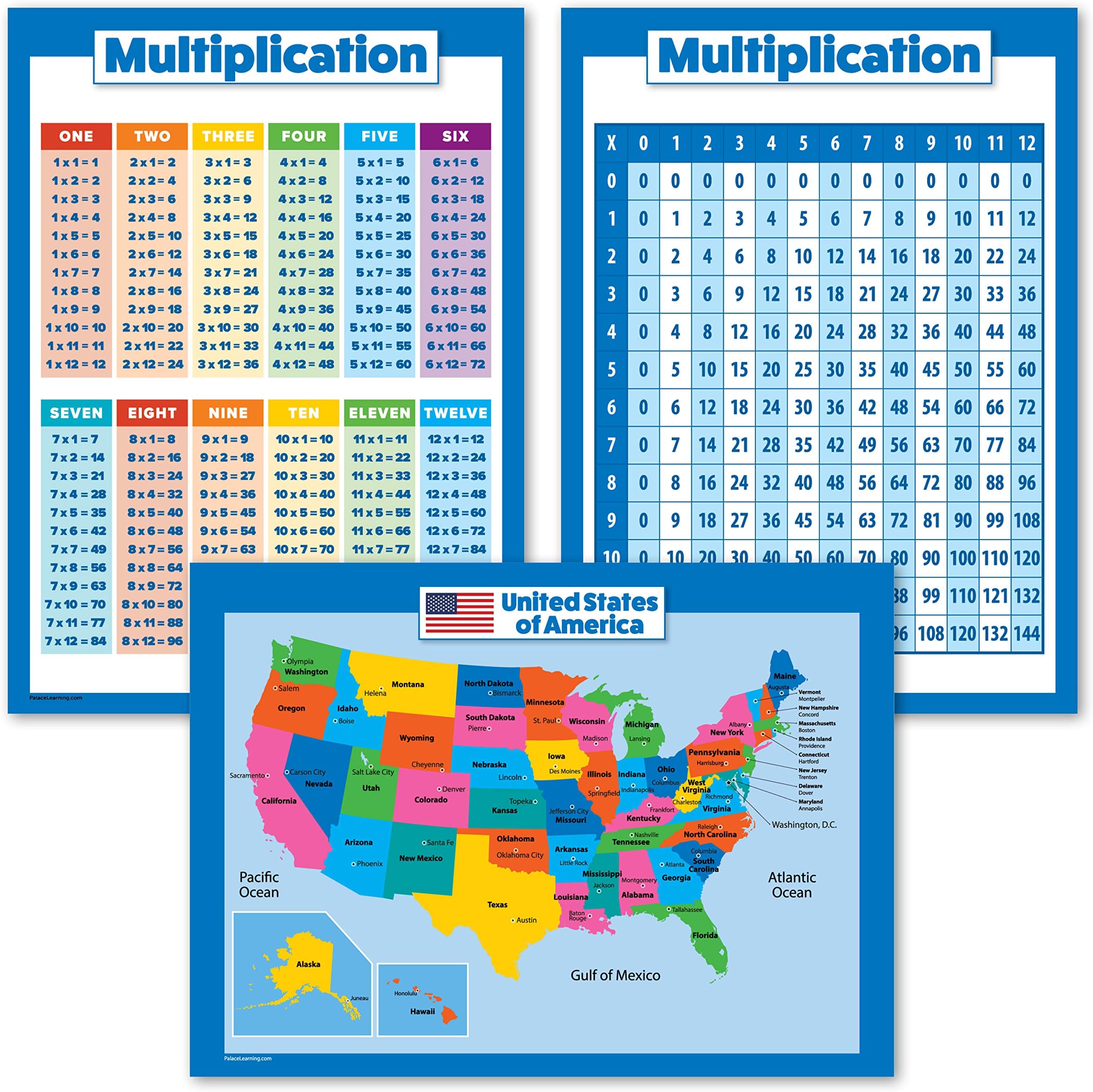 Palace Learning 3 Pack: Multiplication Tables + USA Map for Kids Poster + Set of 3 Educational Posters (LAMINATED, 18" x 24")