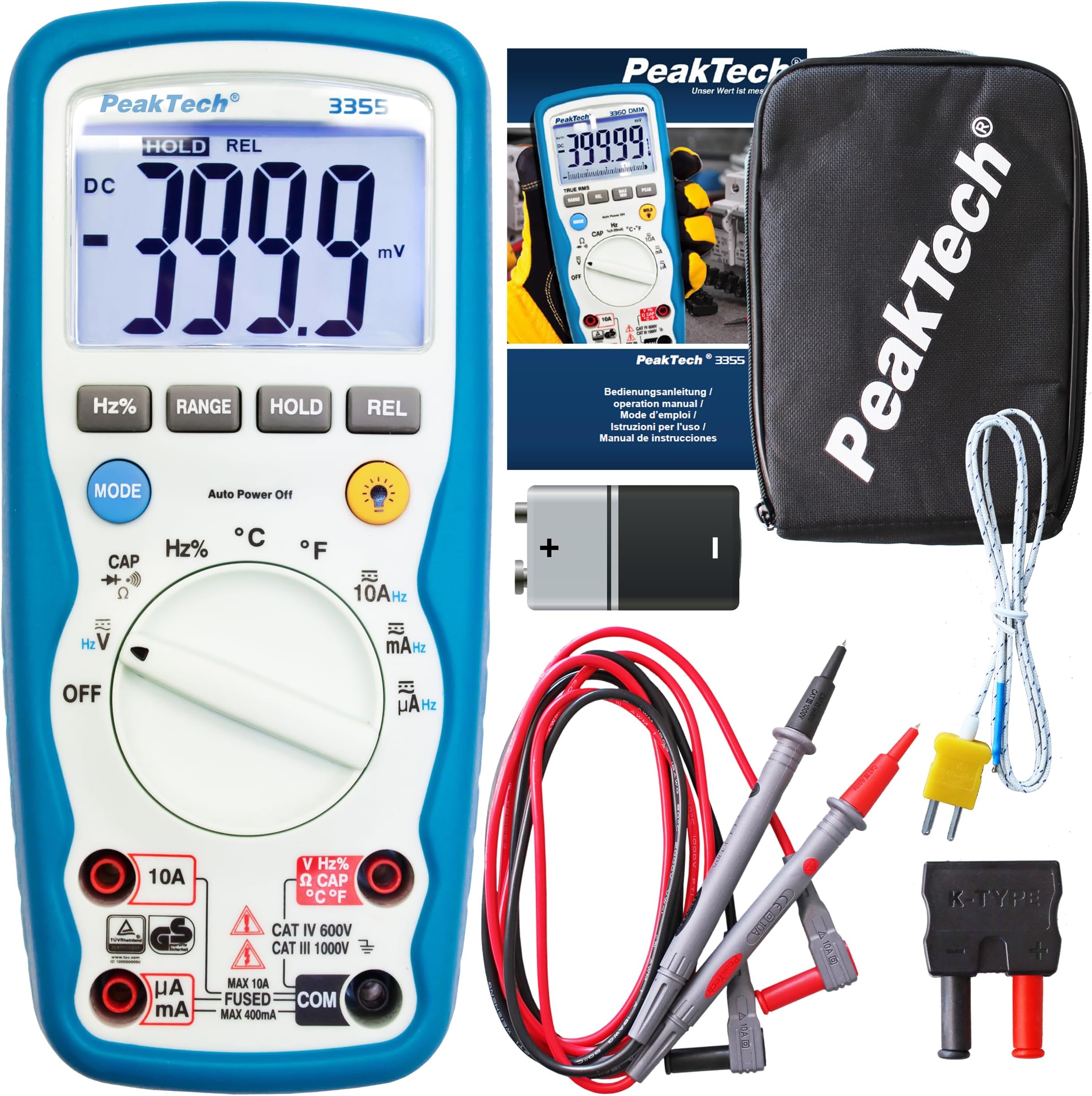 PeakTech 3355 - Digital Multimeter, Waterproof (IP67), LCD Display, 4000 Counts, Handheld Multimeter, Autorange, REL-Data Hold, Voltmeter, Continuity Ttester, Measuring Device - CAT III 1000 V