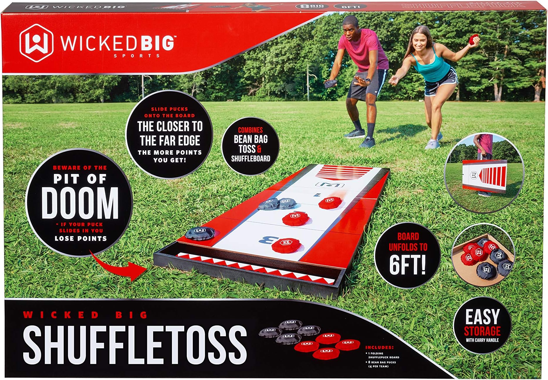 Shuffle Toss-Supersized Game Combining Shuffle Board & Corn Hole Portable Outdoor Sport Tailgate Backyard Beach Game, Red