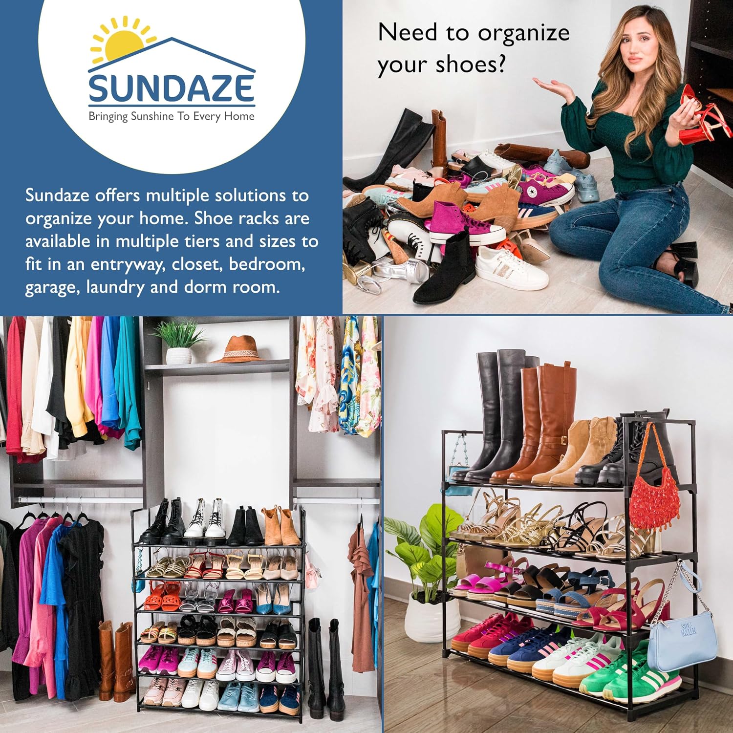 Sundaze Shoe Rack, 4 Tier Metal Shoe Rack for Front Door Entrance