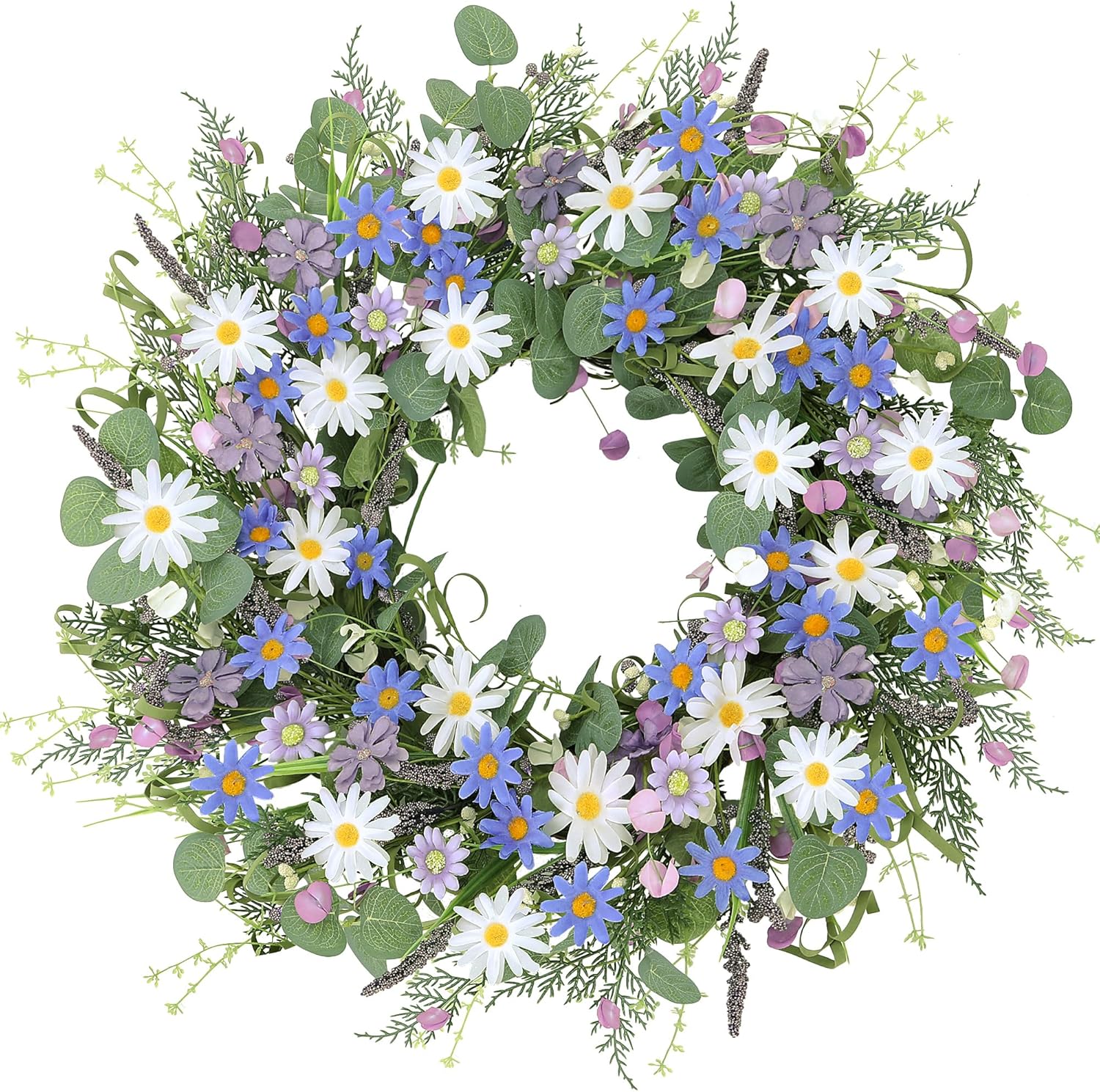Sggvecsy Spring Wreaths for Front Door 22 Inch Artificial Blue Purple Daisy Wreath Floral Summer Wreaths with Lavender Wild Flower Greenery Leaves for Farmhouse Home Wall Indoor Outdoor Window Decor
