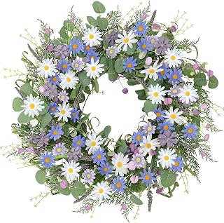 Sggvecsy Spring Wreaths for Front Door 22 Inch Artificial Blue Purple Daisy Wreath Floral Summer Wreaths with Lavender Wild Flower Greenery Leaves for Farmhouse Home Wall Indoor Outdoor Window Decor