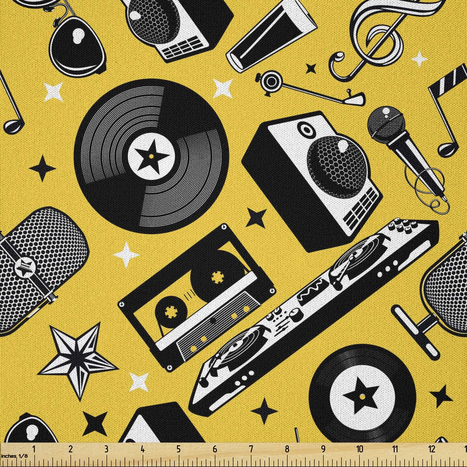 Lunarable Music Fabric by The Yard, Colorful Retro Musical Party Club Hip-hop Instruments Vinyl Discs Records, Microfiber Fabric for Arts and Crafts Textiles & Decor, 5 Yards, Black Yellow