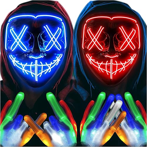 Sago Brothers Halloween Mask Skeleton Gloves Set, Light Up Scary LED Mask with Glow Gloves, Halloween Costumes for Boys Girls