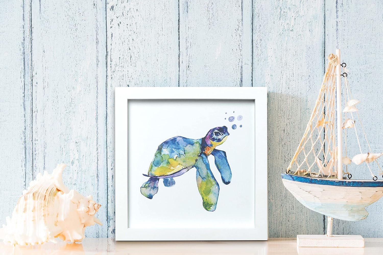 TideAndTales Sea Turtle Wall Decor - Framed 9" x 9" Set of 2 Watercolor Turtles Wall Art, Turtle Pictures Beach Decorations for Home, Beach Bathroom or Nursery, Sea Turtle Gifts for Women