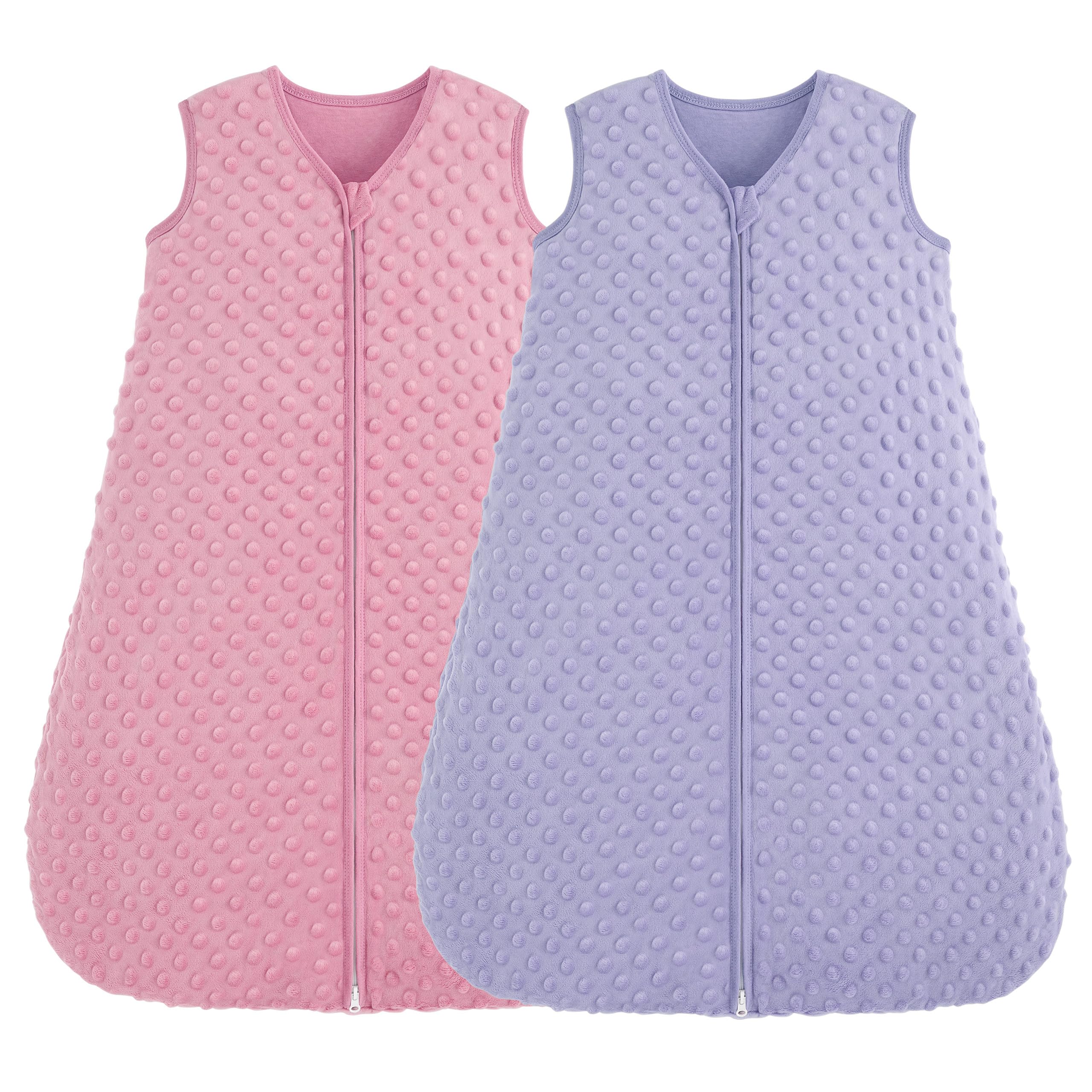 FIEMOL Sacco Nanna Invernale 0-6 Mesi, Neonato Sacchi Nanna 1.5 Tog Autunno con Pois di Peluche, Morbido Sacco Nanna per Bambini in Cotone, Confezione da 2 Pezzi Rosa e Viola