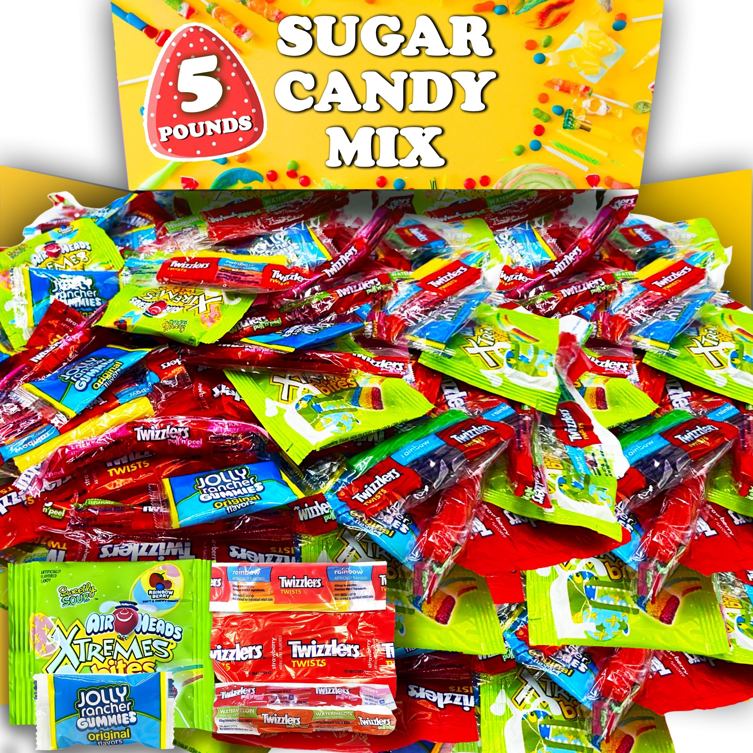 Partypom BULK CANDY MIX, 5 LB of Assorted Individually Wrapped, Snack Size Candy Mix, Swedish Fish, Sour Patch Kids, Tootsie Roll, Twizzlers Assorted, Sweet Tarts, and Jolly Ranchers Sweets