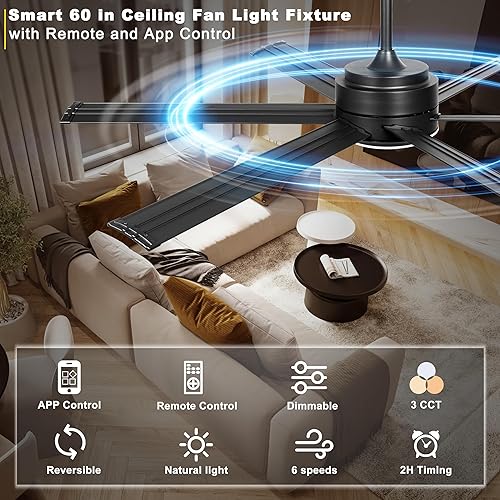 Miniatura 3 de Ohniyou Ventilador de techo industrial de 60 pulgadas con luces, control remoto y aplicación, regulable, motor de CC, ventilador de exterior con