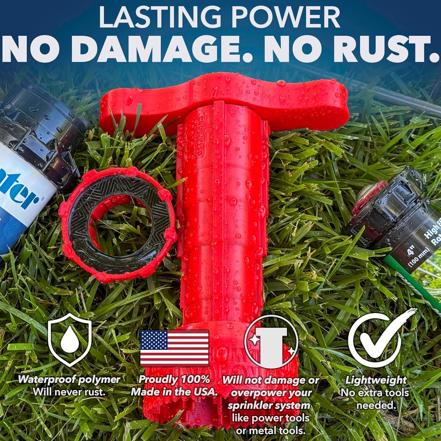 Sprinkler Head Removal Tool 4-in-1, Replace Your Sprinklers Without Digging in Under 2 Minutes, Most Brands Rainbird Toro Orbit Hunter K-Rain, Upgraded Tool Made in USA, Rust-Proof Sprinkler Shirt