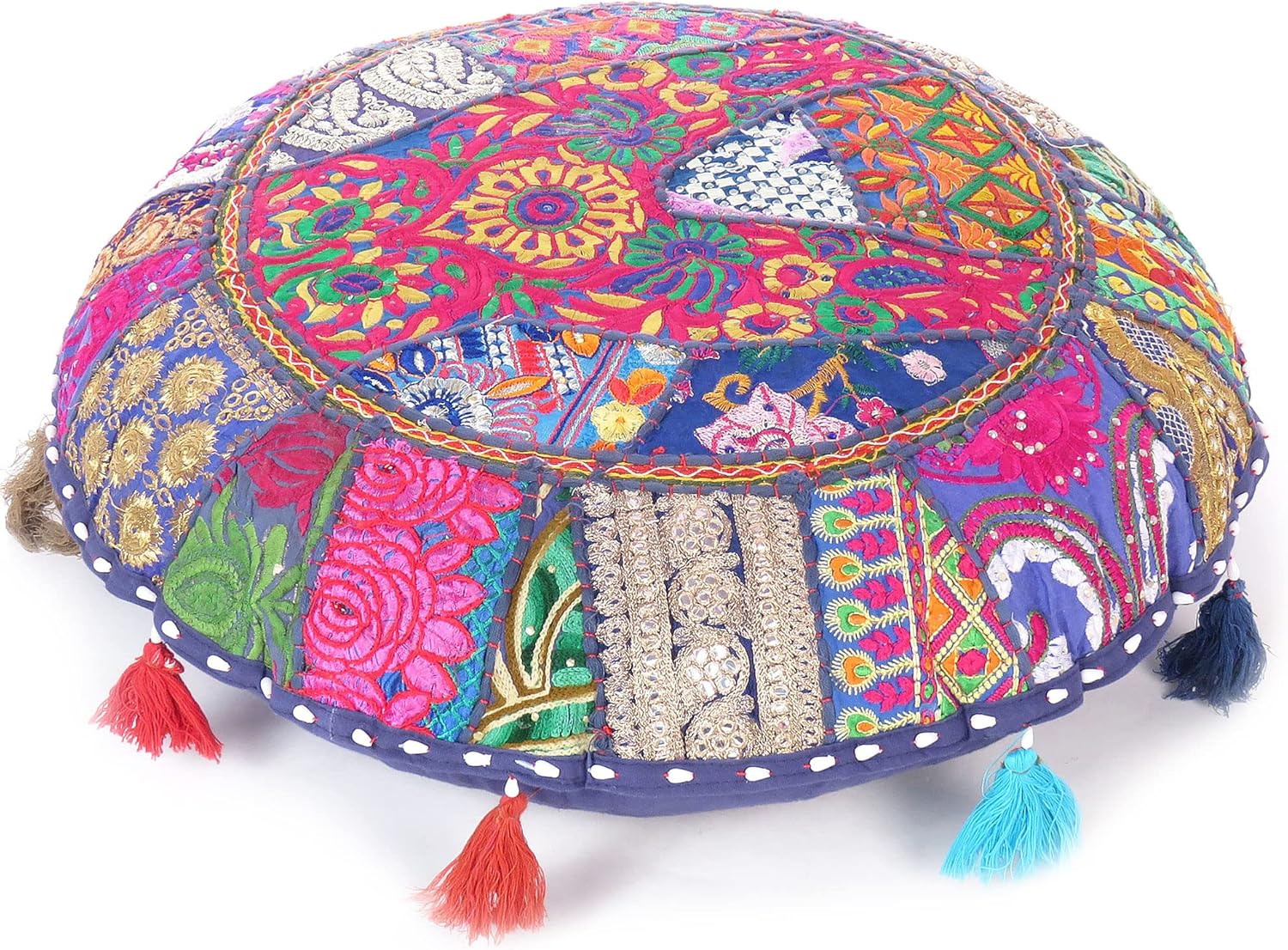 Eyes of India Round Floor Seating Meditation Patchwork Pillow Cushion Cover Colourful Decorative Throw Indian Bohemian Accent Boho Chic Handmade Cover Only (Light Brown, 22" x 22")
