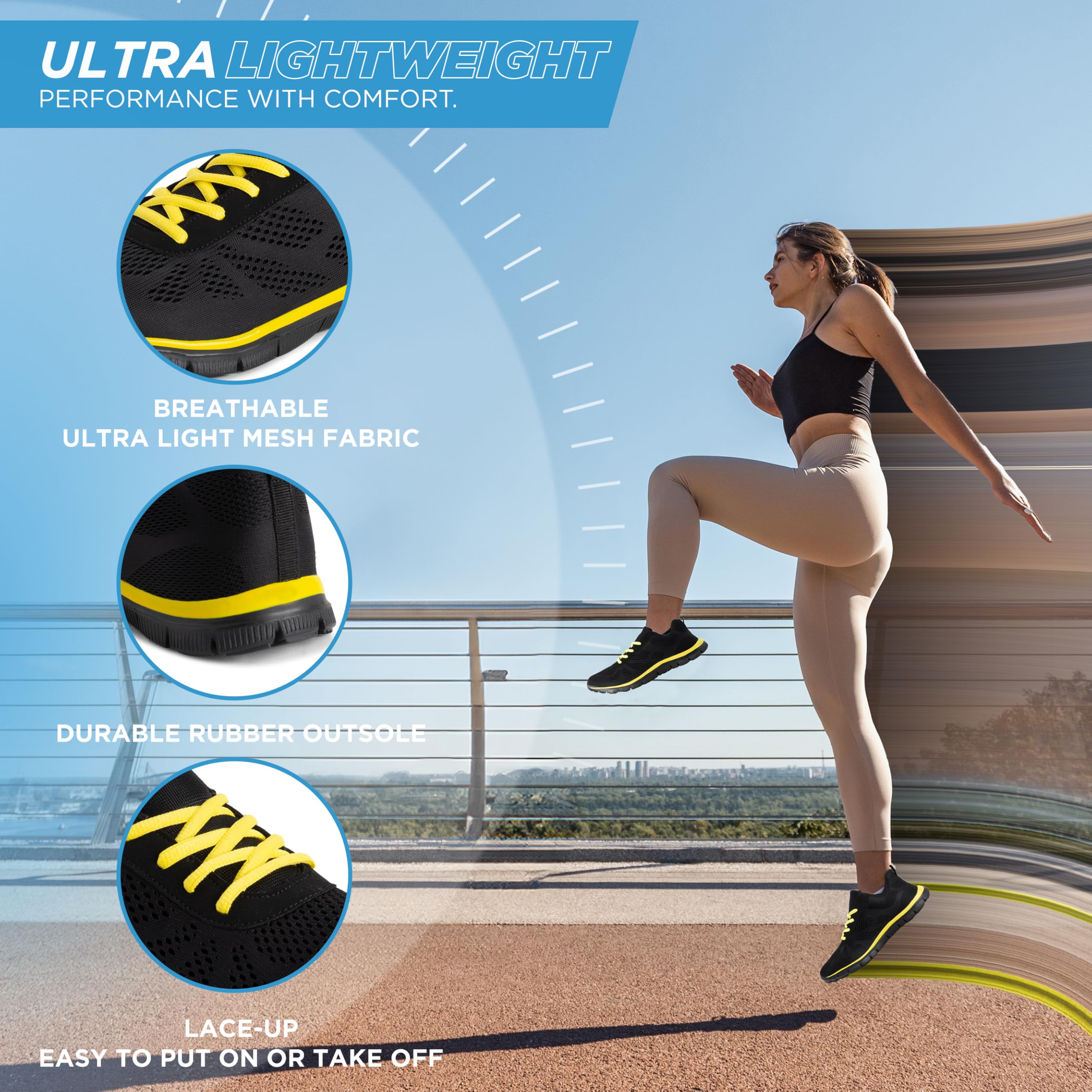 Get Fit Women’s Lightweight Trainers - Breathable Mesh Gym Walking Shoes - Comfortable Lace-Up Fitness Sneakers, Flexible Non-Slip Sole - Black/Yellow - UK5/EU38