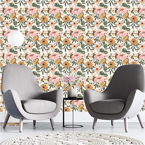 Miniatura 7 de UniGoos Papel tapiz de acuarela de flores rosadas marrones, despegar y pegar, pintado a mano, autoadhesivo, floral, papel de pared temporal, papel