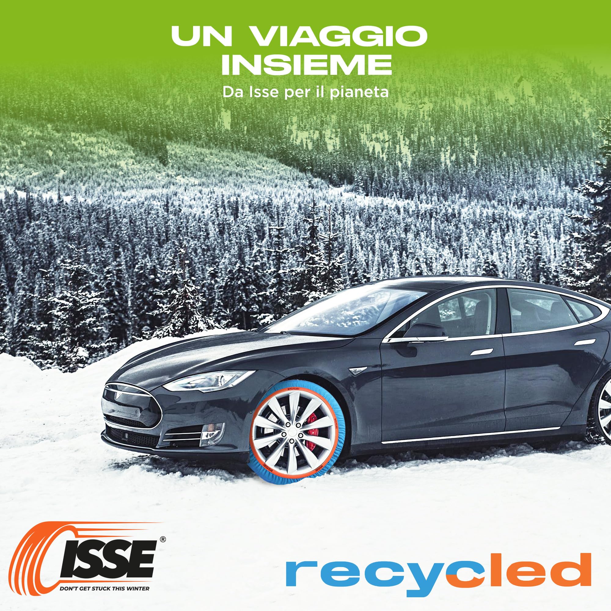 ISSE Catene da neve riciclate per auto T-70 | Catene da neve in tessuto riciclato -Omologate Italia EN 16662-1- Catene per auto di tutti i giorni per neve e ghiaccio - Kit di 2 catene