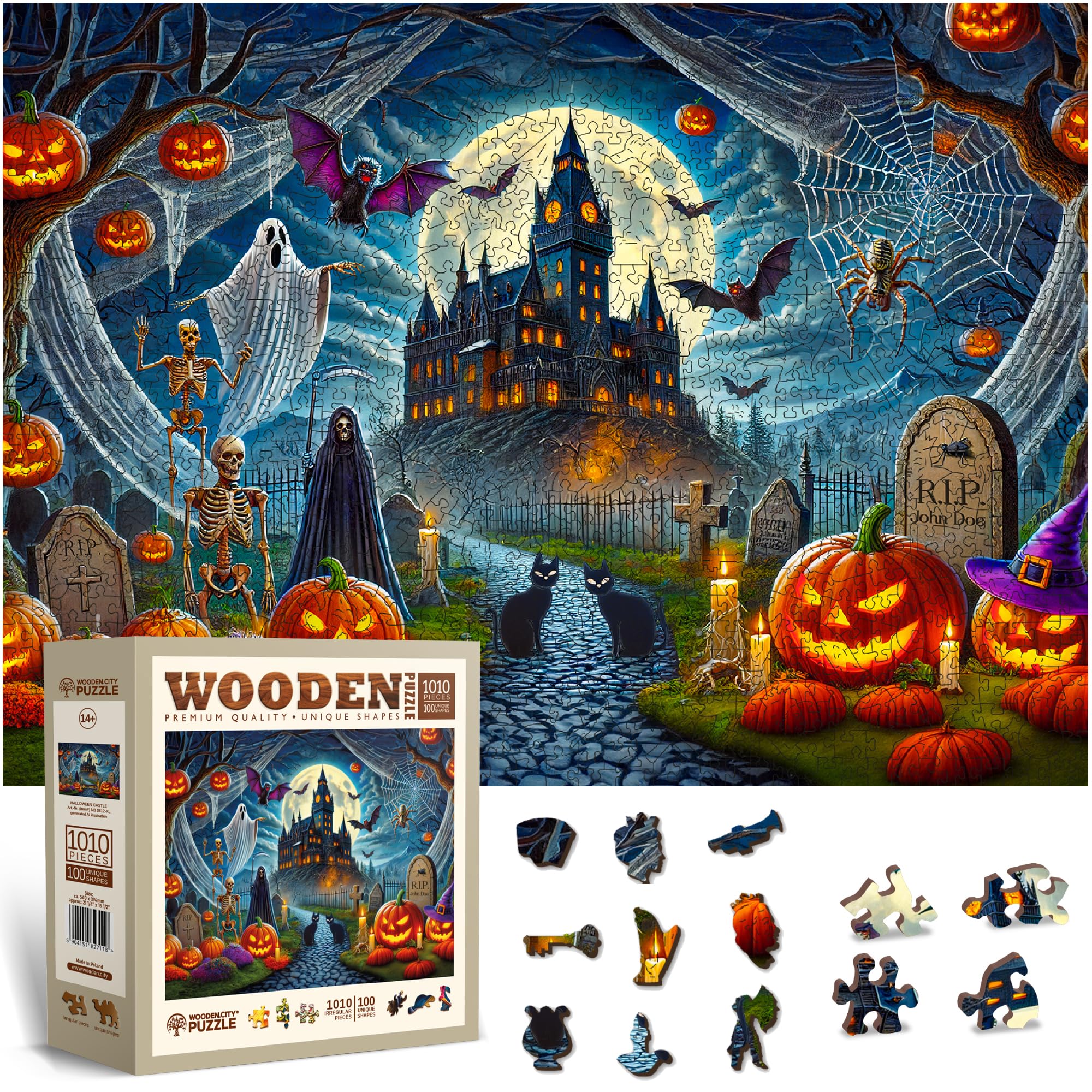 WOODEN.CITY Wooden Jigsaw Puzzles for Adults - Challenging 1000 Piece Halloween Puzzle, Unique Puzzles for Adults, 1000 Piece Jigsaw for Puzzle Enthusiasts (Ghostly Pumpkin Night)