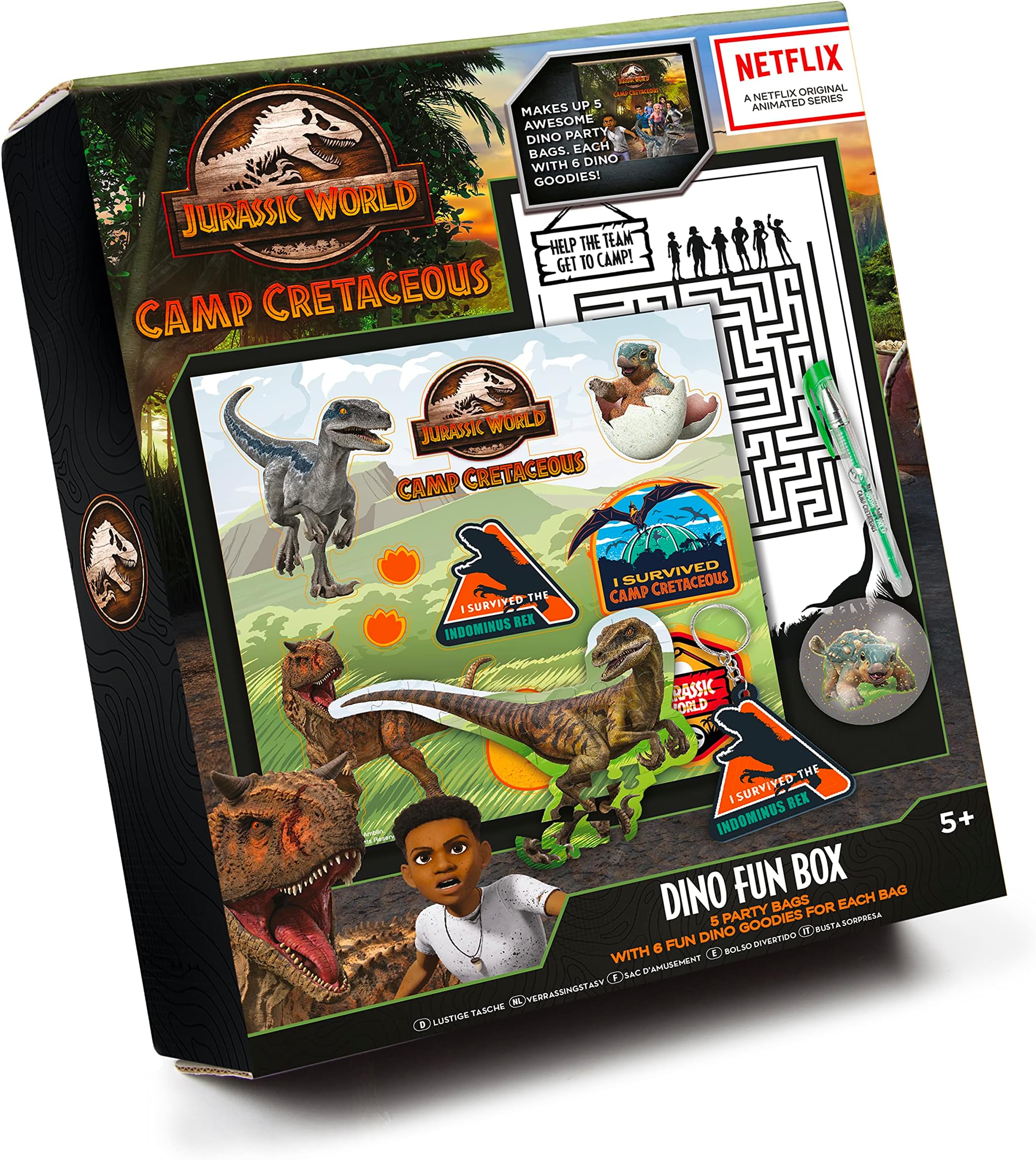 abeec Jurassic World Pre Filled Party Bags For Kids - Jurassic World Party Bags With Dinosaur Party Bags Fillers - 5 x Party Bags, Stickers For Party Bags, Mini Gel Pens, Bouncy Balls