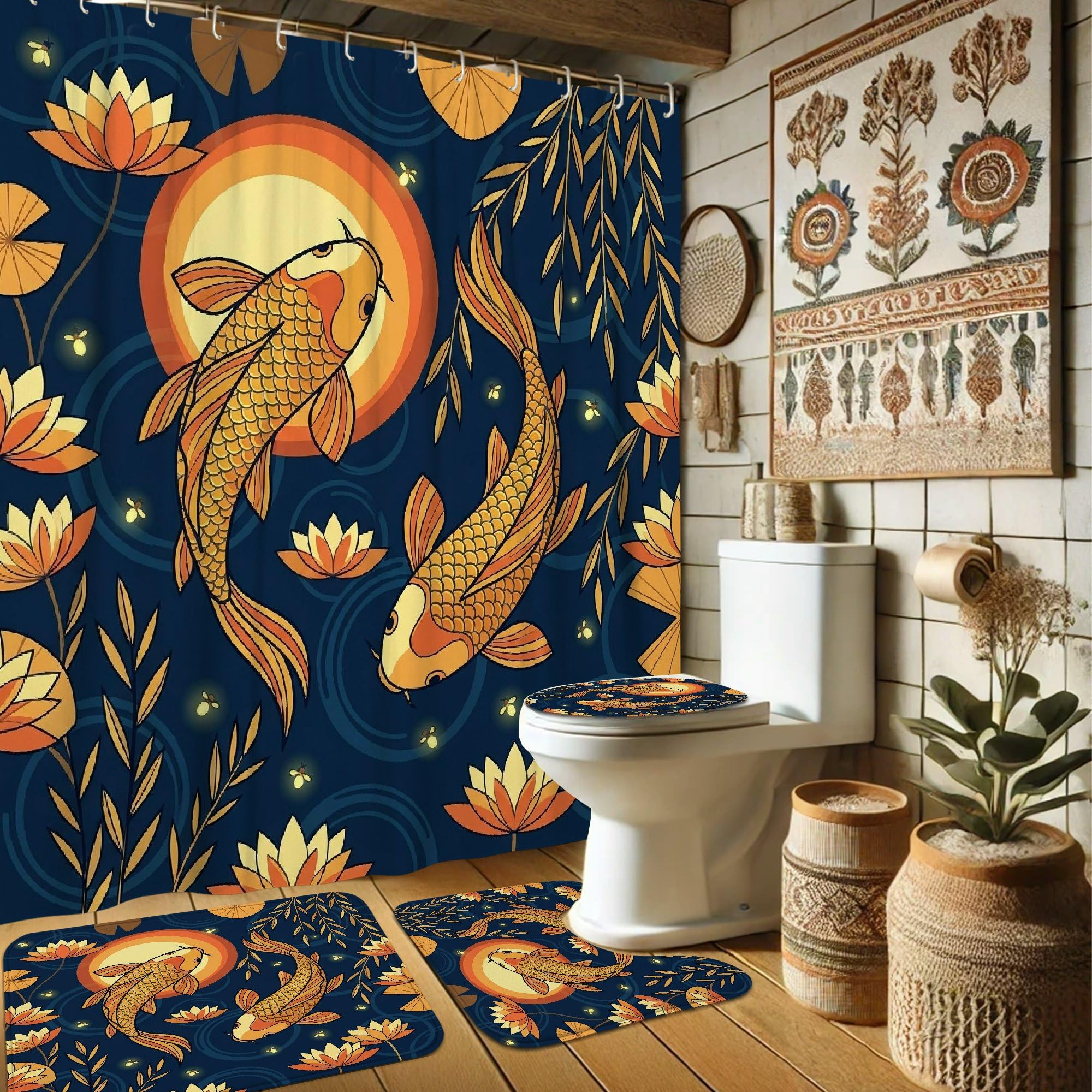 Rideau de douche carpe bleu marine 183x183 anti-moisissure avec tapis de bain sec