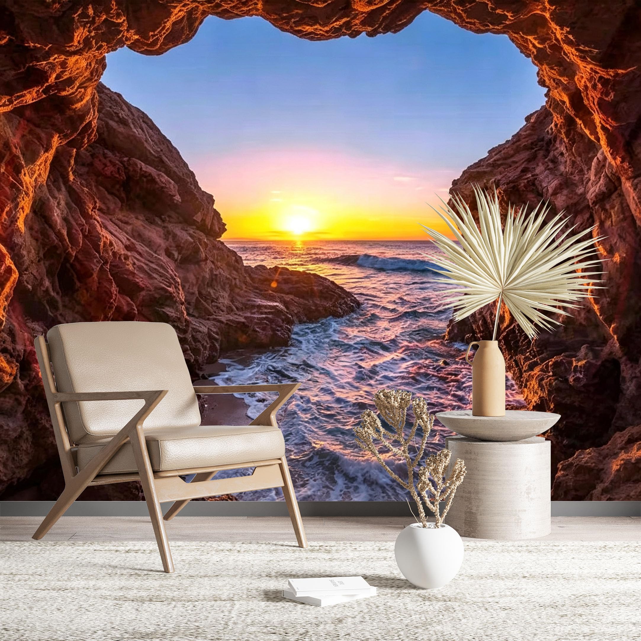 Custom Size Wall Murals Heart-Shaped Cave at Sunset Wall Murals Beach Wallpaper Realistic Self-Adhesive Removable Wallpaper for Living Room Bedroom