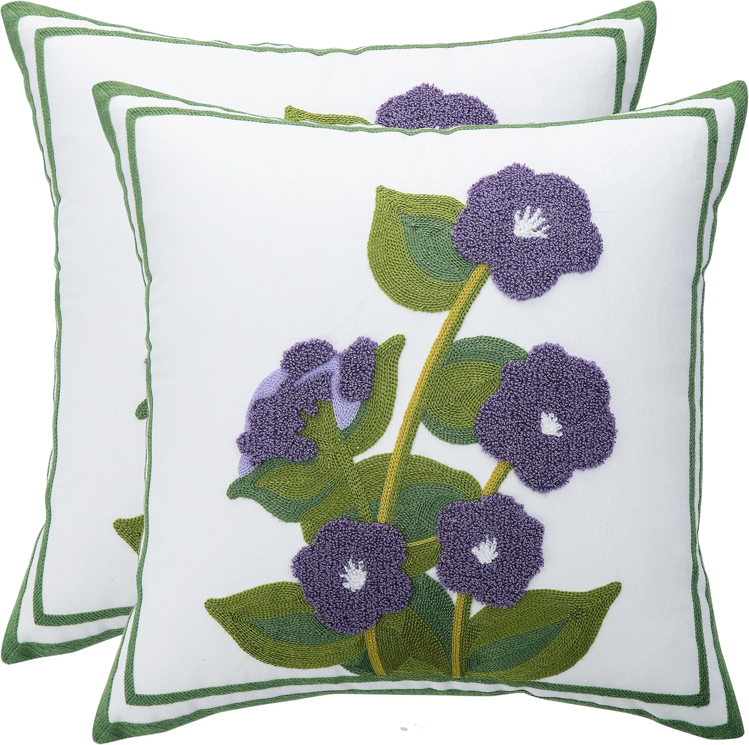luoyehk embroidered throw pillow covers 18x18 inch set of 2 purple flower with green leaves decorative pillow cases farmhouse floral spring cushion covers for couch sofa bed living room purple flower with green leaves 18" x 18" (pack of 2)