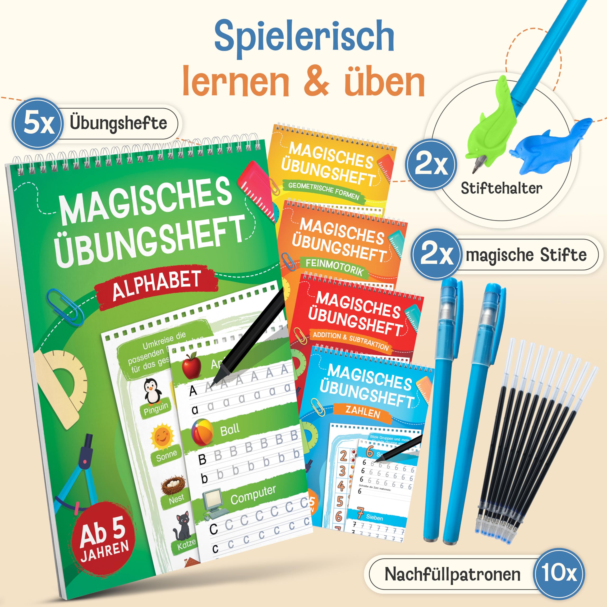 Magische Übungshefte für Vorschule ab 5 Jahren für Mädchen & Jungen - 5 Hefte + Stifte - Wiederverwendbare Vorschulhefte - Buchstaben, Zahlen, Formen und Schreiben lernen - Für Rechts- & Linkshänder