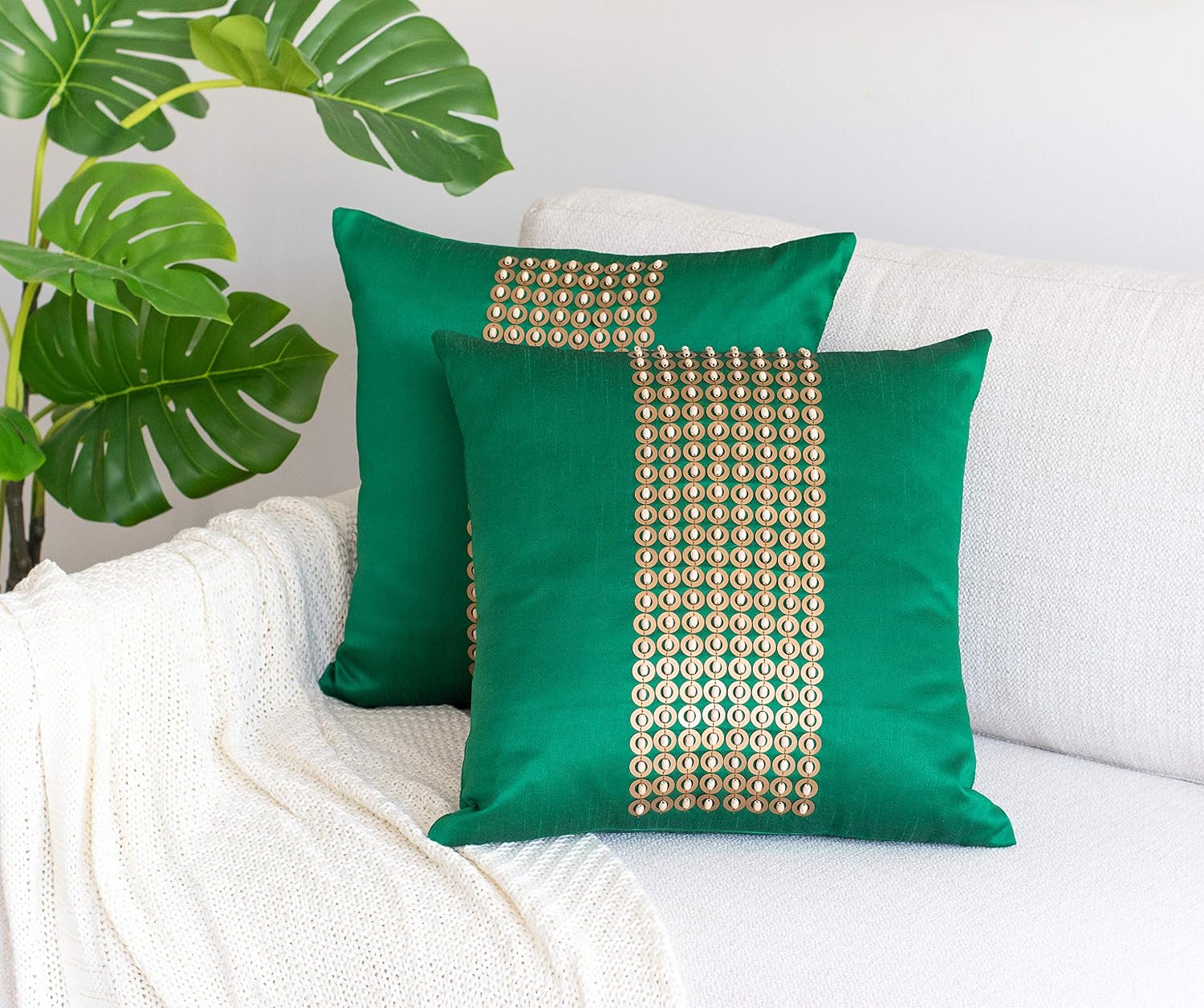 The White Petals Emerald Green Gold Decorative Pillow Cover - Beaded Embroidery - Luxurious, Festive & Decorative (16x16 inch, Pack of 2)