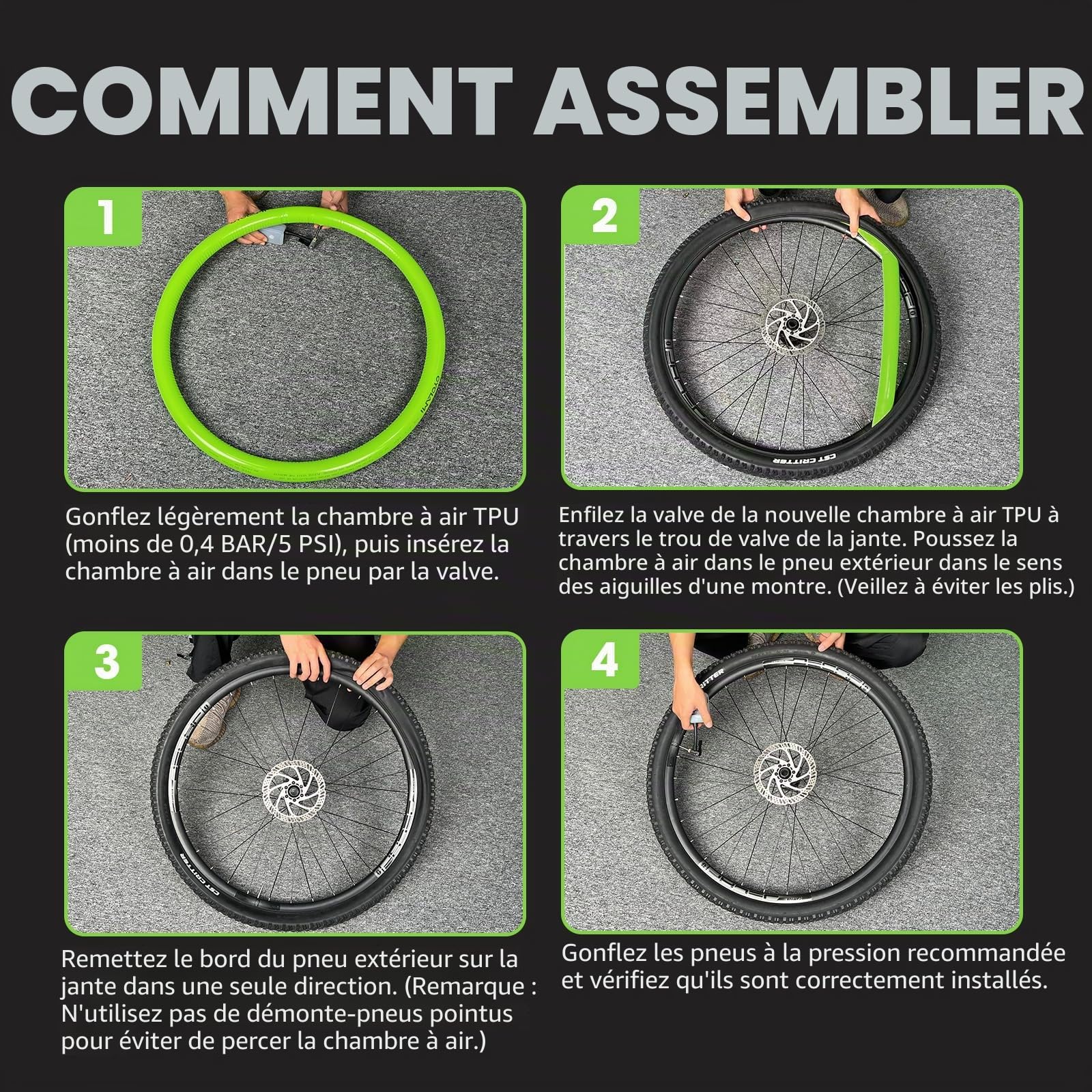 4 Chambres à Air en TPU,Chambres à air pour vélos de Route 700C x 23C/25C/28C/30C/32C, Gravel 700C x 32-47-622, VTT 29'' x 1,9-2,5, 1 démonte-Pneu, Valve Presta