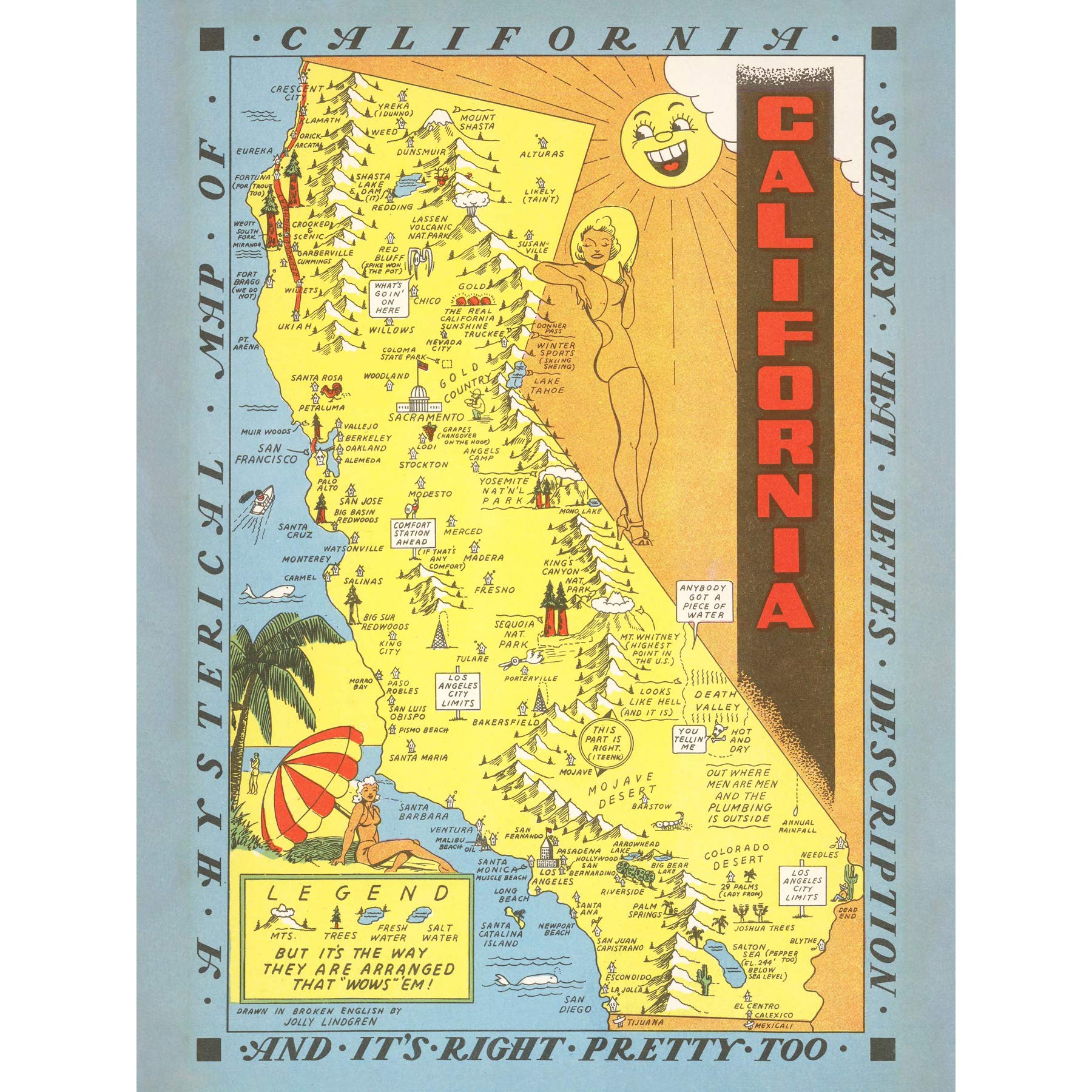 Artery8 Map Lindgren 1948 California Pictorial Premium Wall Art Canvas Print 18X24 Inch