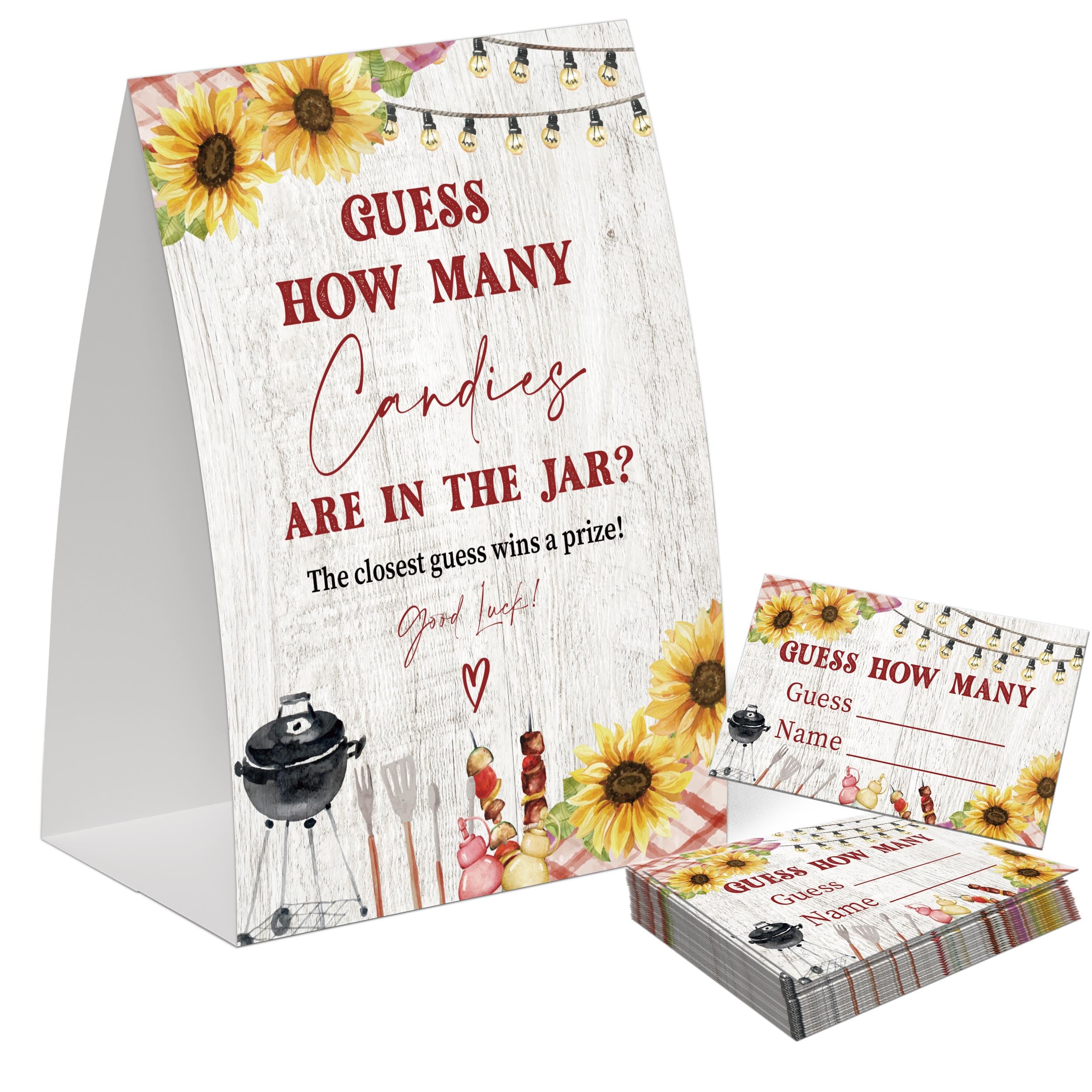 BBQ Guess How Many Candies Are in the Jar Game for Baby Shower, Pack of One 5x7 Sign and 50 Guessing Cards, Backyard Baby Shower Decoration, Gender