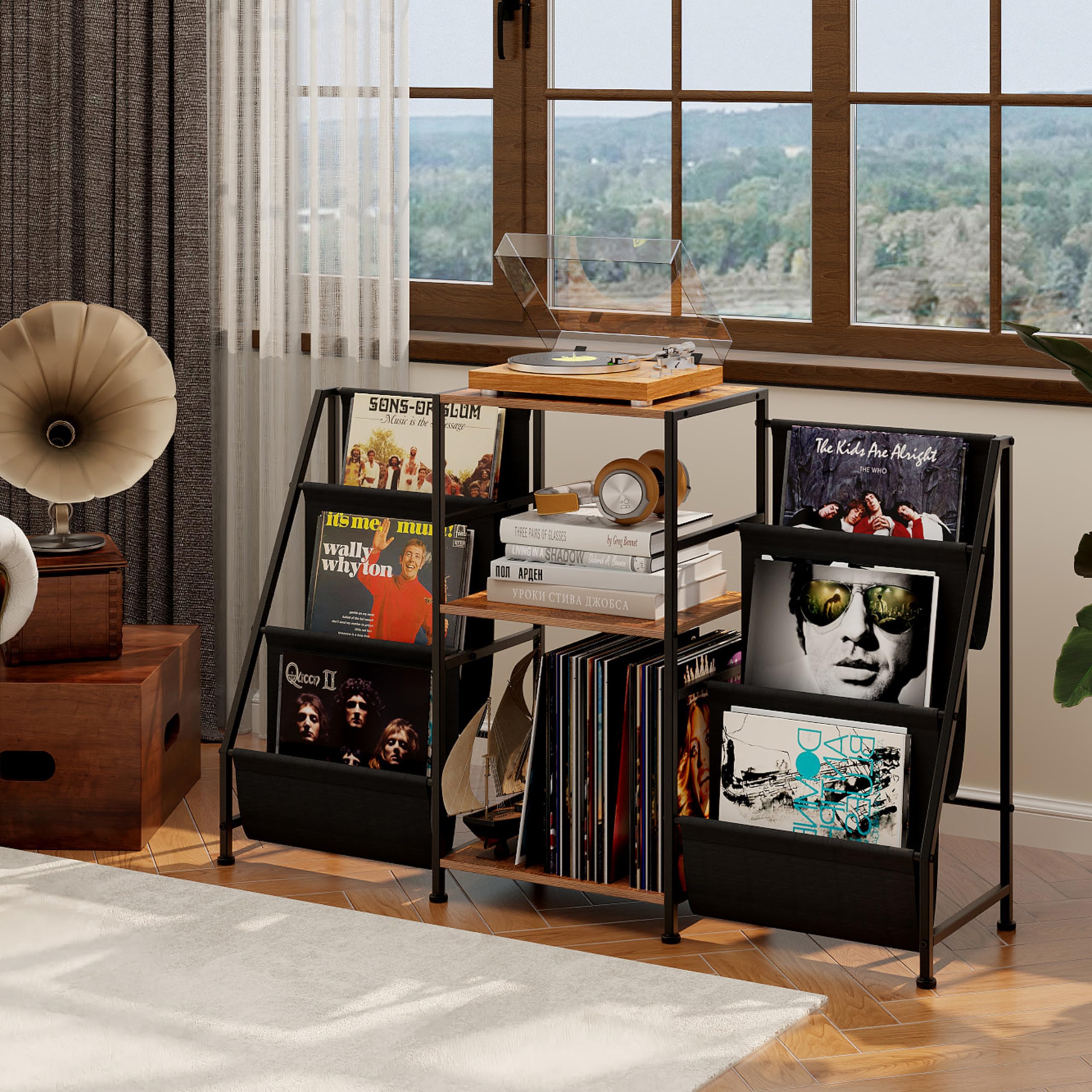 Bikoney Platenspeler Meubel met Opbergruimte voor Vinyl – Tafel voor Draaiplateau met Display Plank, Geschikt voor 220 LP's, Mediameubel voor Stereo & Audioapparatuur (Vintage Zwart