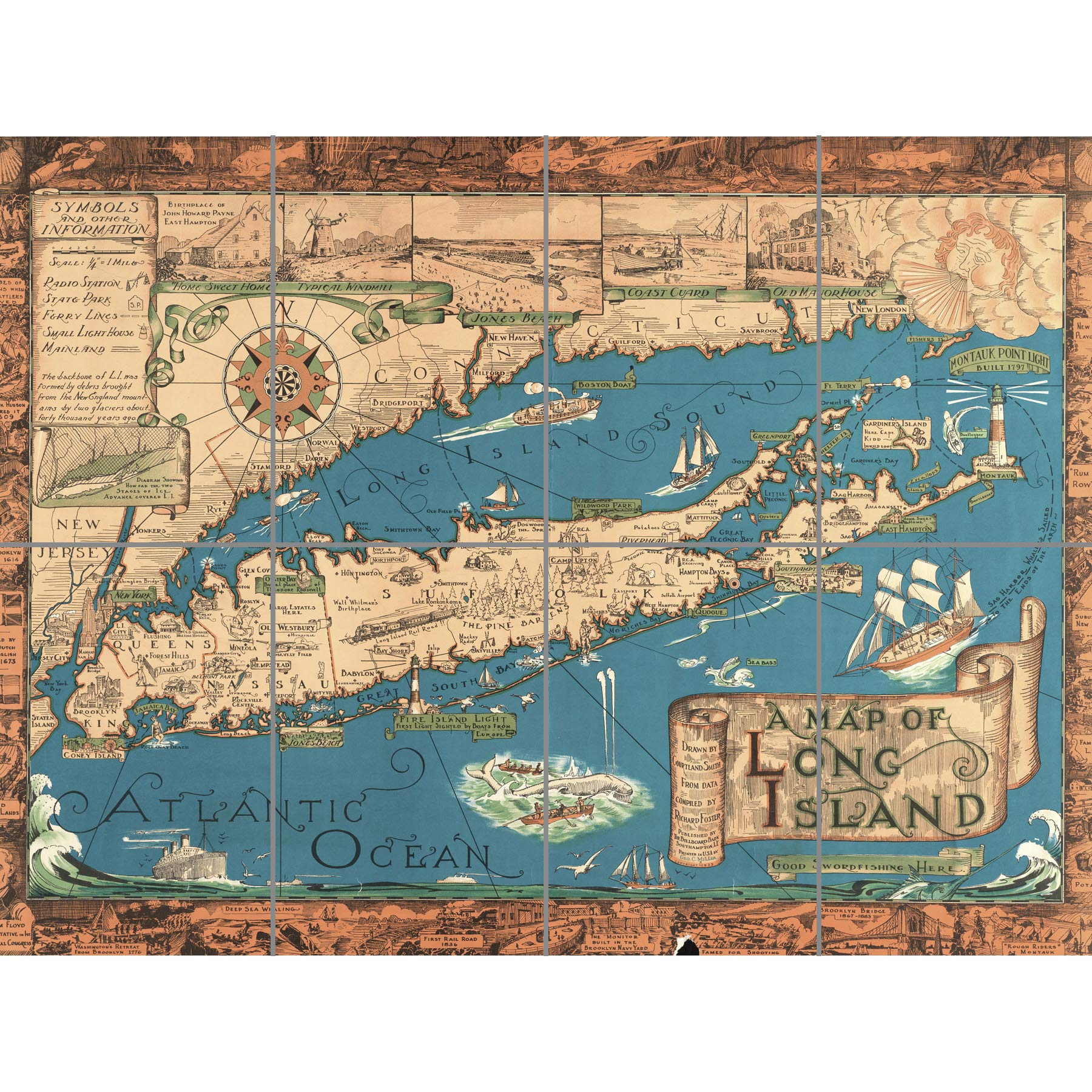 Artery8 Smith 1933 Pictorial Map Long Island NY History XL Giant Panel Poster (8 Sections)