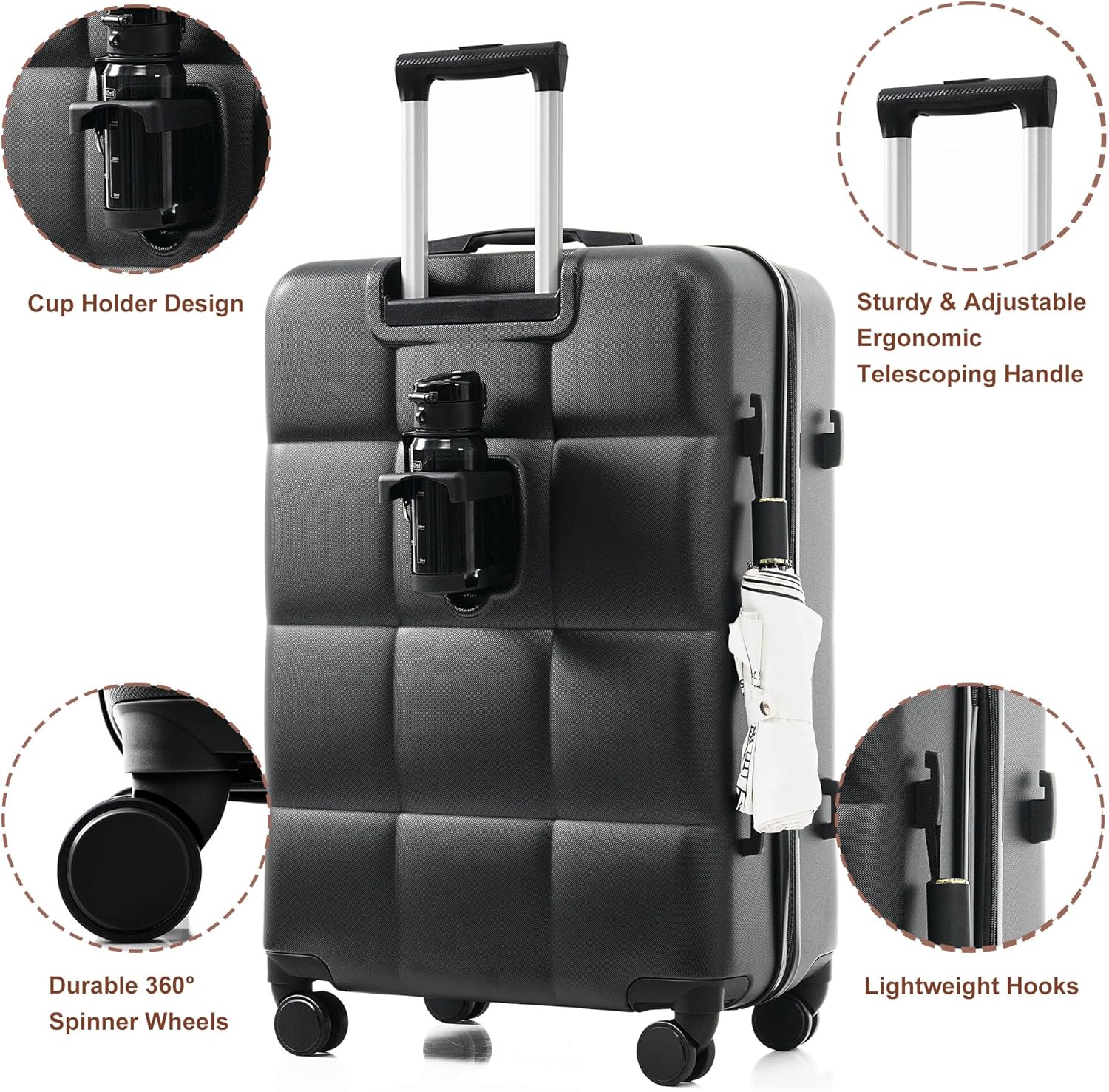 Luggage Sets 4 Piece, Hardside Suitcase with TSA Lock and Cup Holder