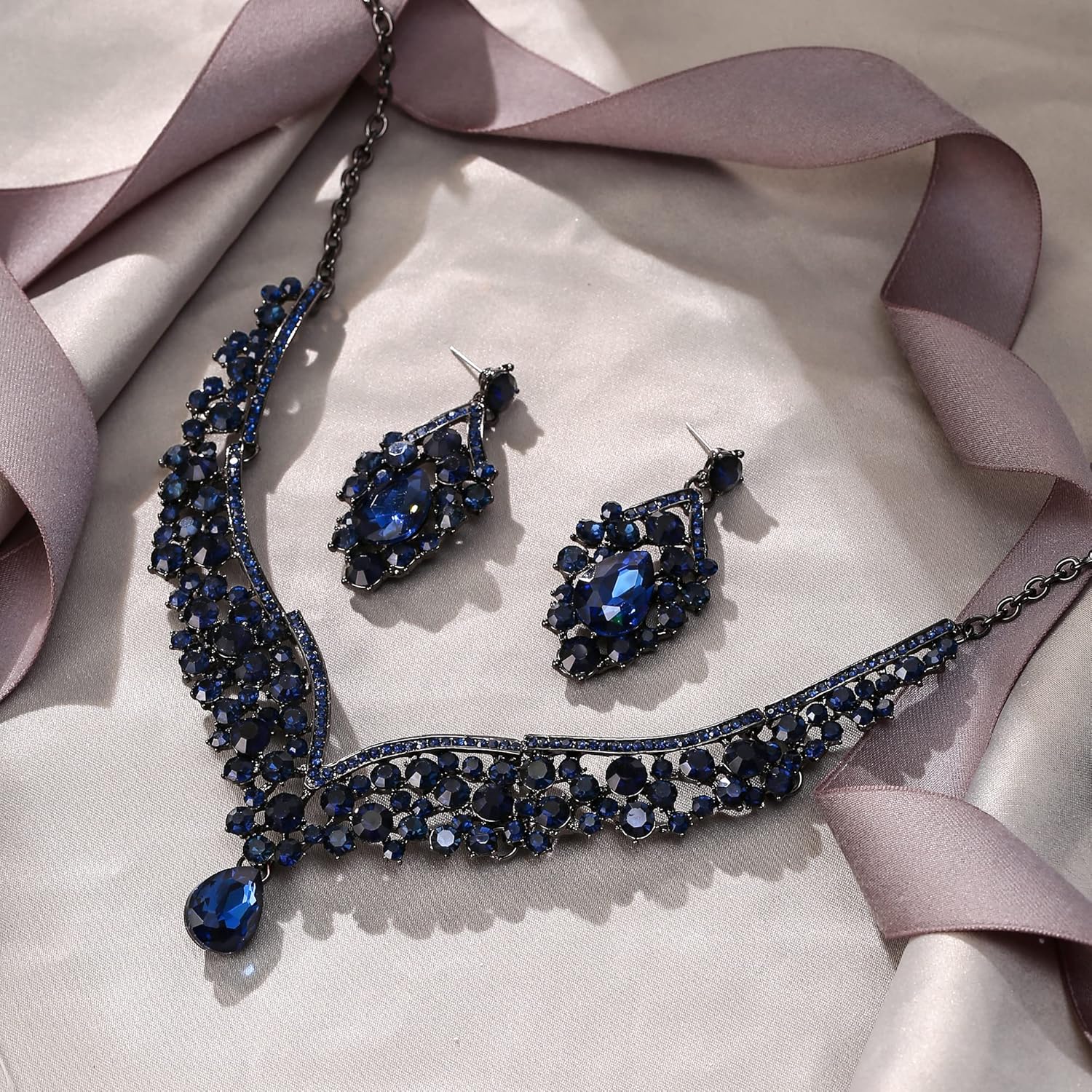 EVER FAITH Wedding Jewelry for Bride Austrian Crystal Elegant V-Shaped Teardrop Bridal Prom Statement Necklace Earrings Set for Women