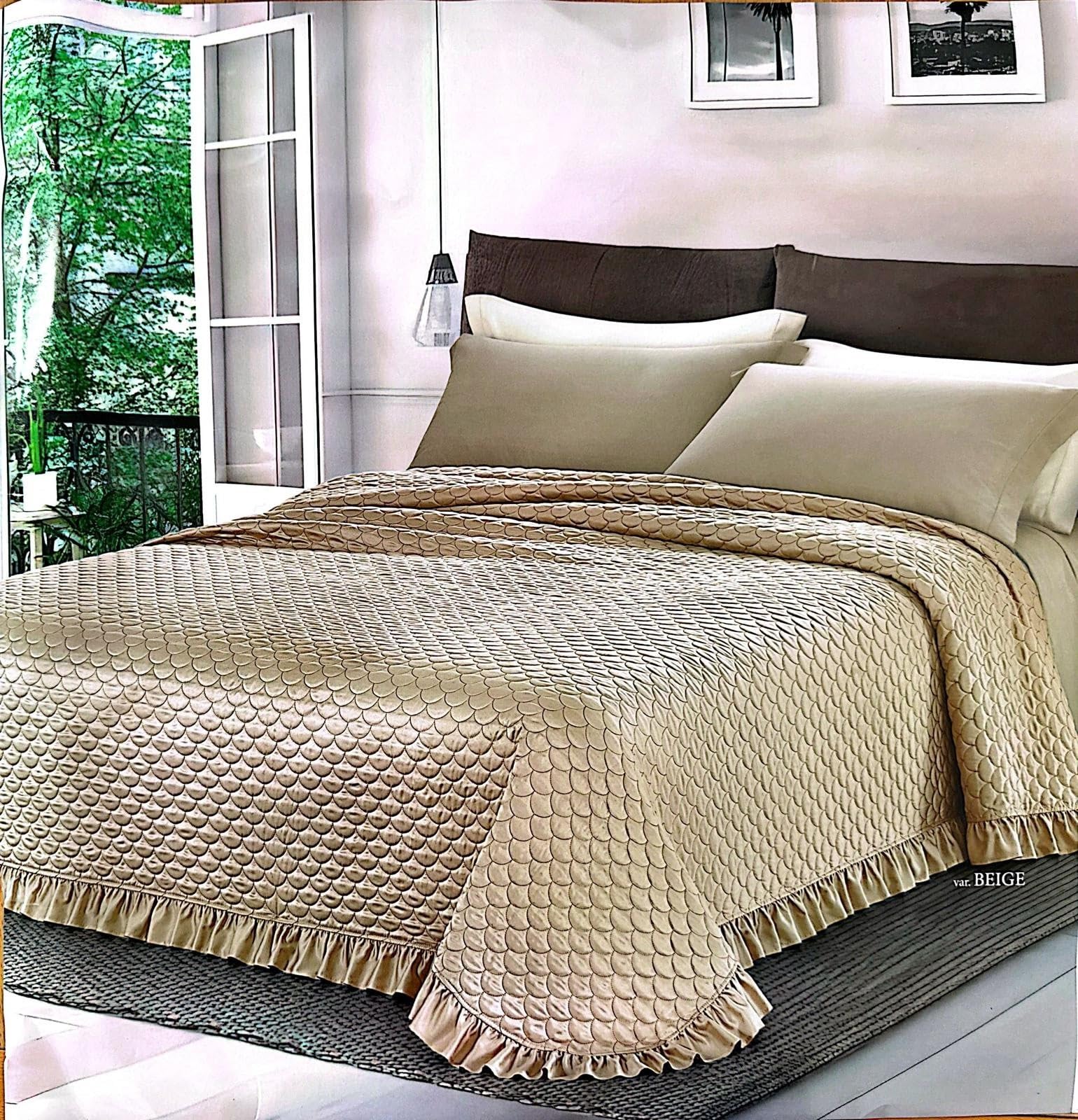 imi shop Trapuntino Matrimoniale Estivo in raso, Copriletto Trapuntato con Rouche Mezza Stagione Made in Italy 250x260 cm (Beige)