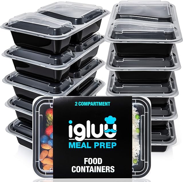 2 Compartment Meal Prep Containers - Reusable BPA Free Plastic Food Storage Trays with Airtight Lids - Microwavable, Freezer and Dishwasher Safe - Stackable Bento Lunch Boxes  [10 Pack, 30 oz]