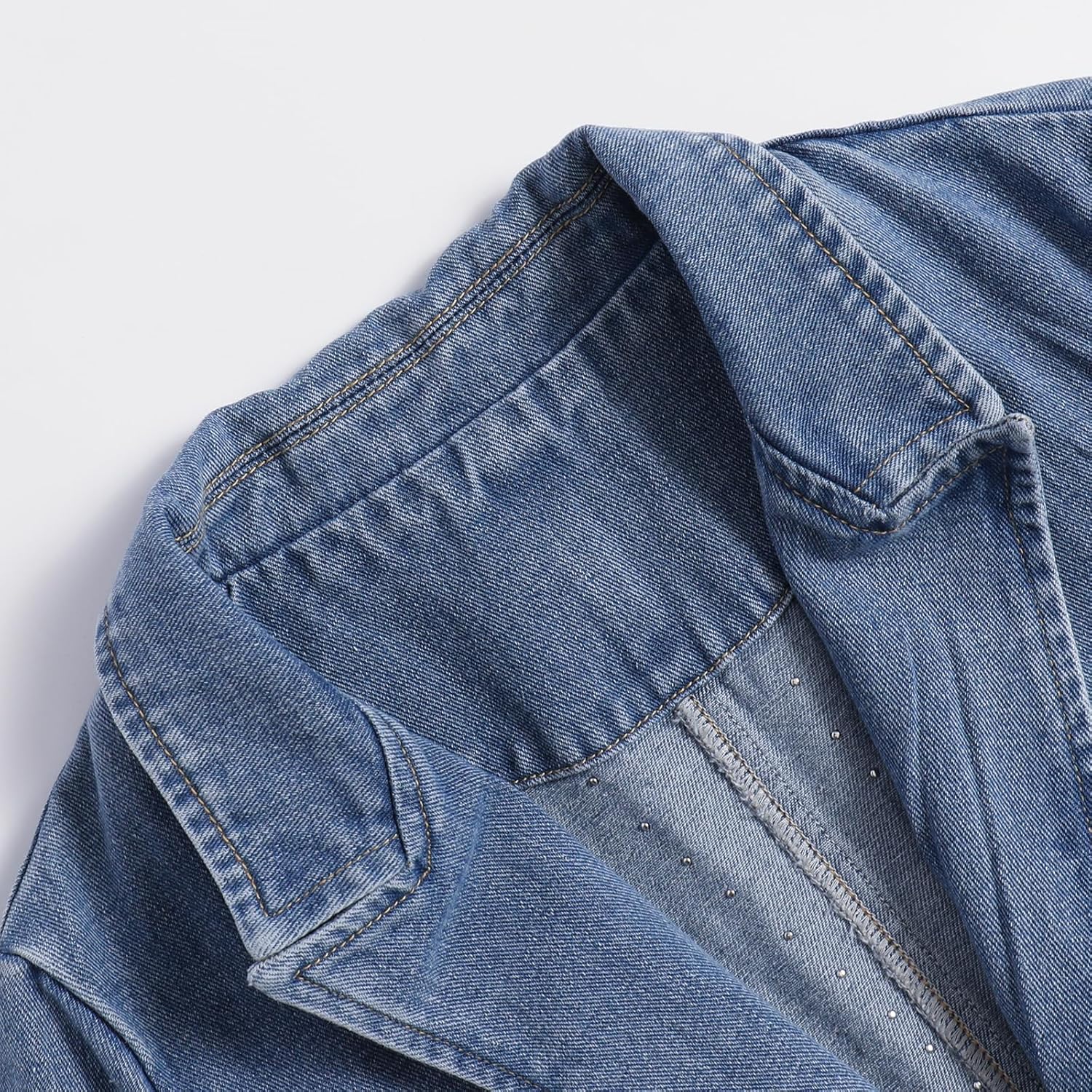 Women's Rhinestone Denim Suit Business Casual Pointed Collar Lapel Front Pocket Fall Winter Denim Jacket