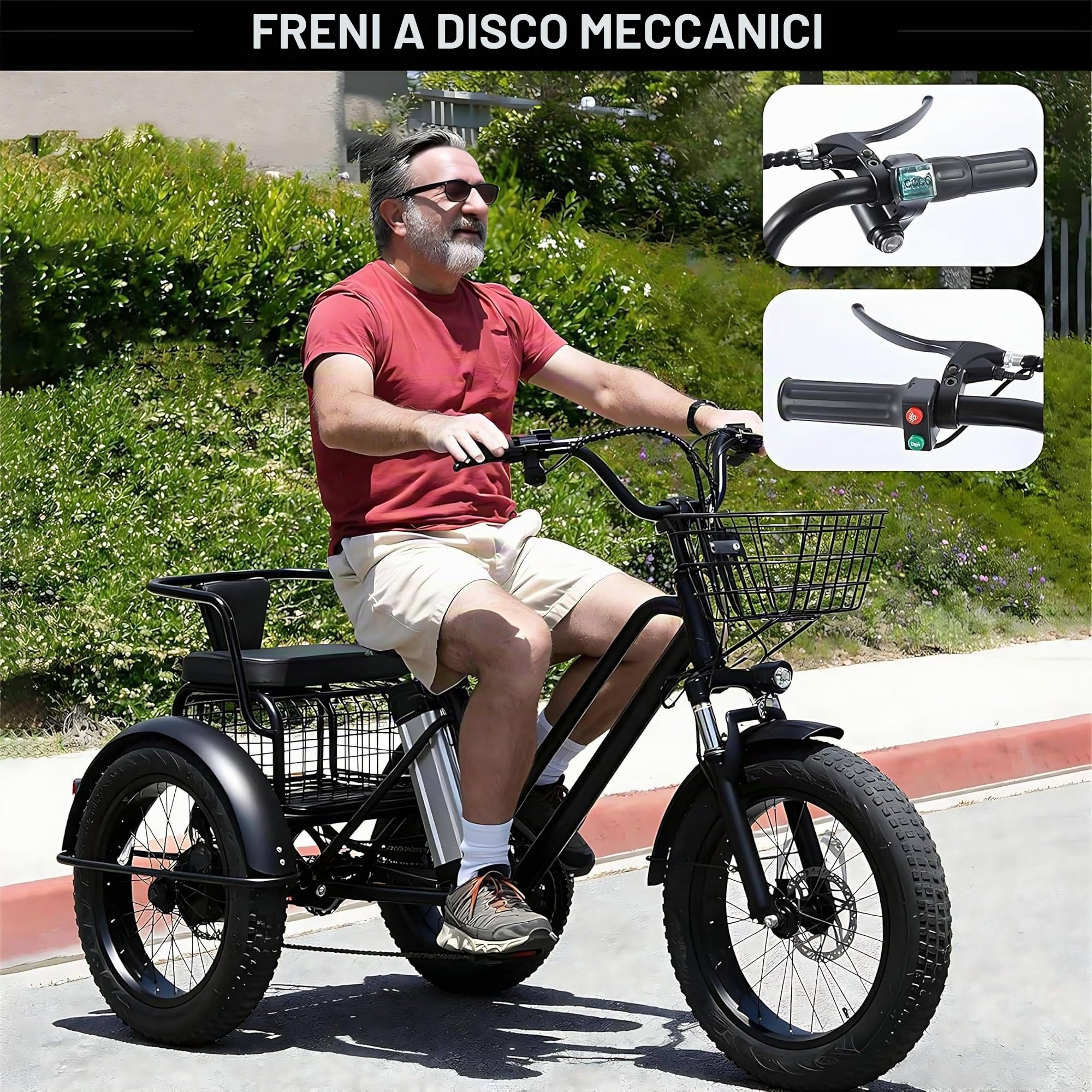 Triciclo Elettrico per Adulti,con Pneumatici Fat Tire Off-Road da 20" x 4.0,Cestino per la Spesa e Sedile Posteriore,Batteria Rimovibile da 48V/12Ah,Portata 200 kg,Ideale per Spesa,Picnic e Spiaggia