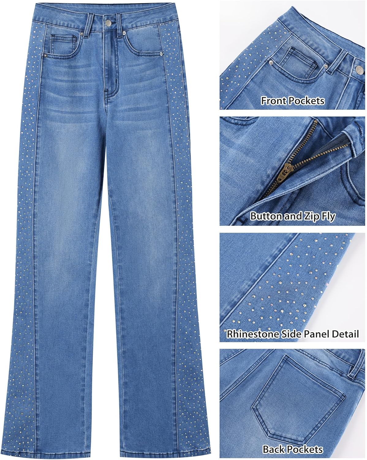 GRAPENT Flare Jeans for Women High Waisted Trendy Wide Leg Embellished Rhinestone Sparkly Concert Stretchy Denim Pants - Image 8