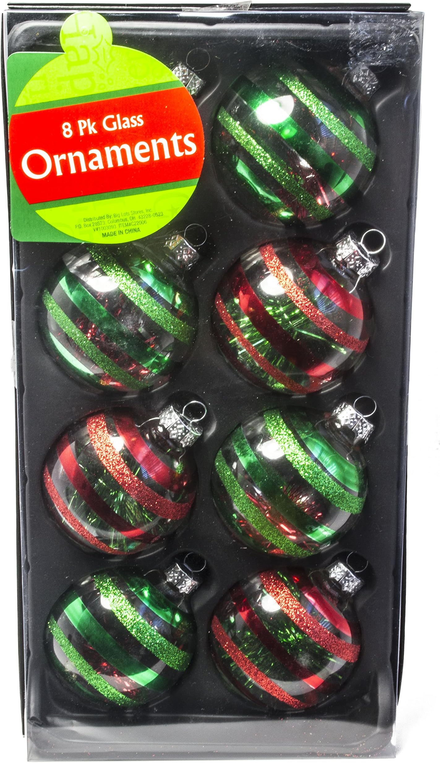 Clear Shiny Glass Red Green Striped Tinsel Ball 70mm Christmas Tree Ornament Set (8 Pack)